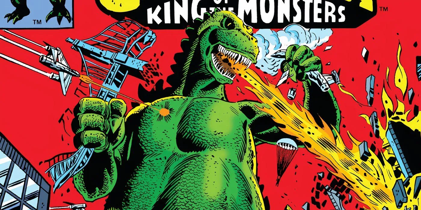 Godzilla wreaking havoc on a city in Marvel Comics.