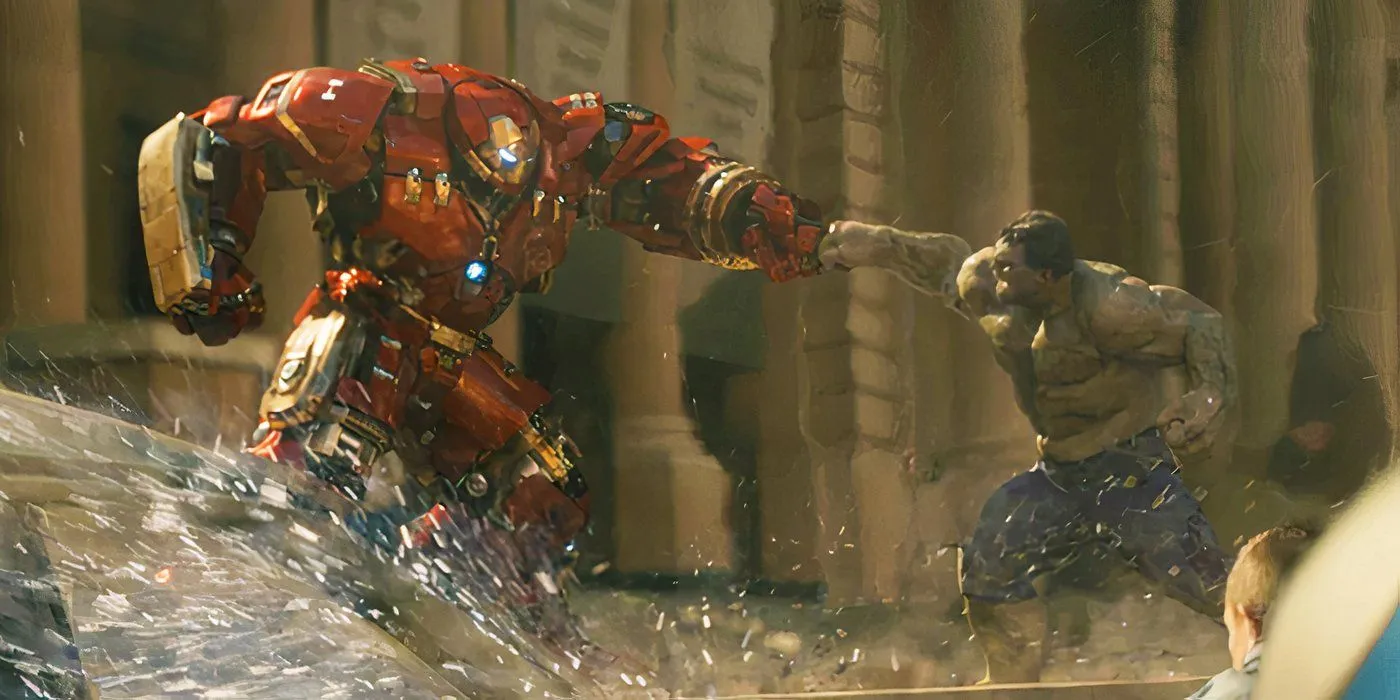 Hulkbuster Iron Man che combatte Hulk in Avengers Age of Ultron