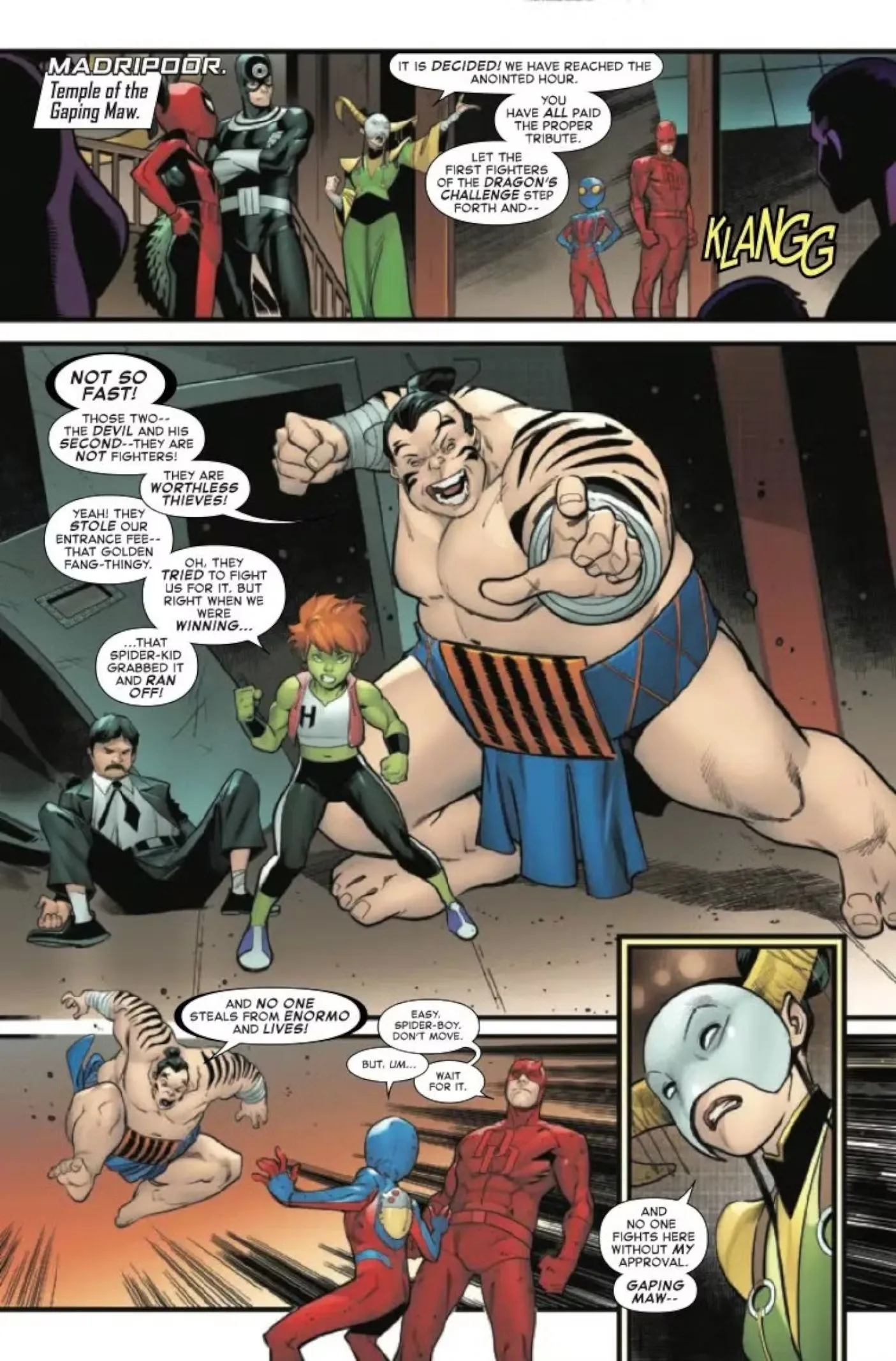 Hulkette e il suo mentore di sumo attaccano Daredevil e Spider-Boy.