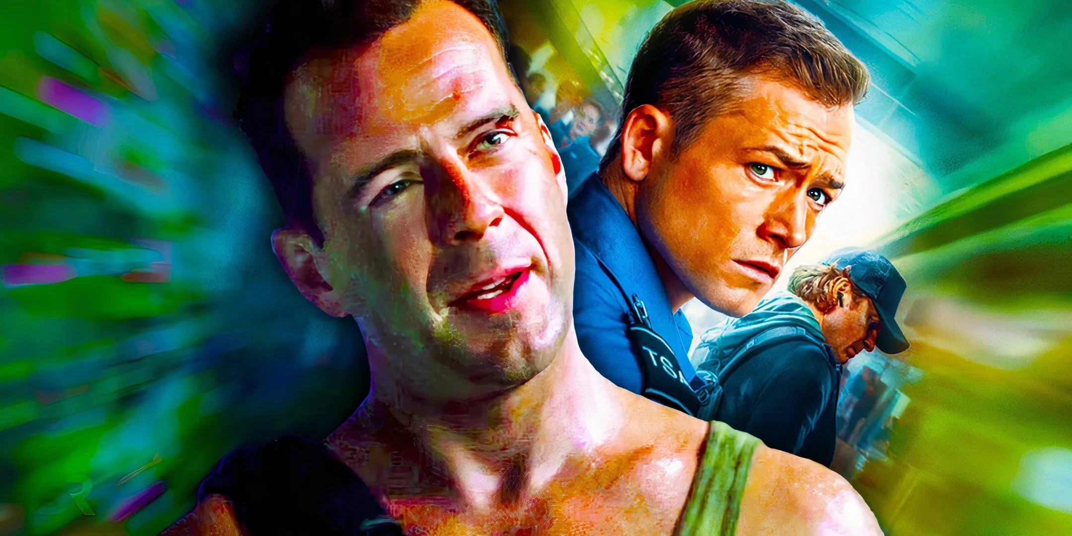 Bruce Willis como John McClane em Duro de Matar e Taron Egerton como Ethan Kopek em Carry-On.