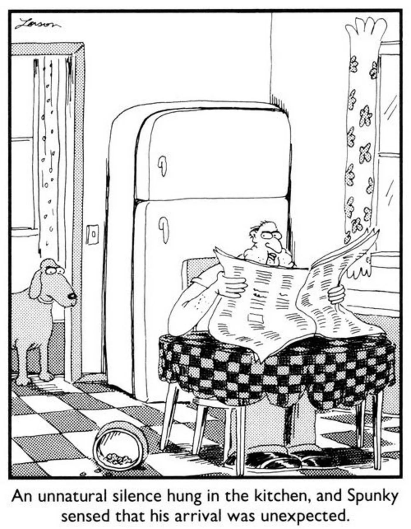 The Far Side, homem lendo jornal com cachorro atrás.