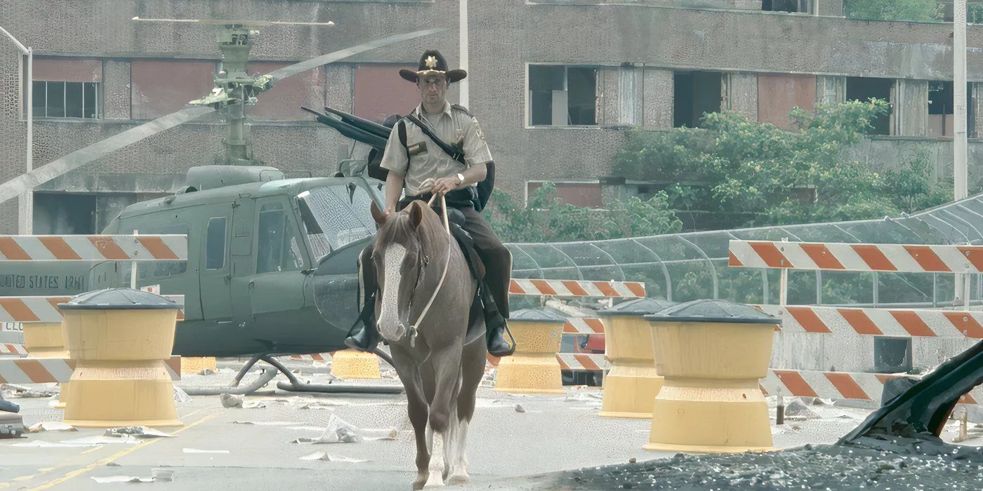 Rick (Andrew Lincoln) llega a Atlanta en el episodio 1 de la temporada 1 de The Walking Dead