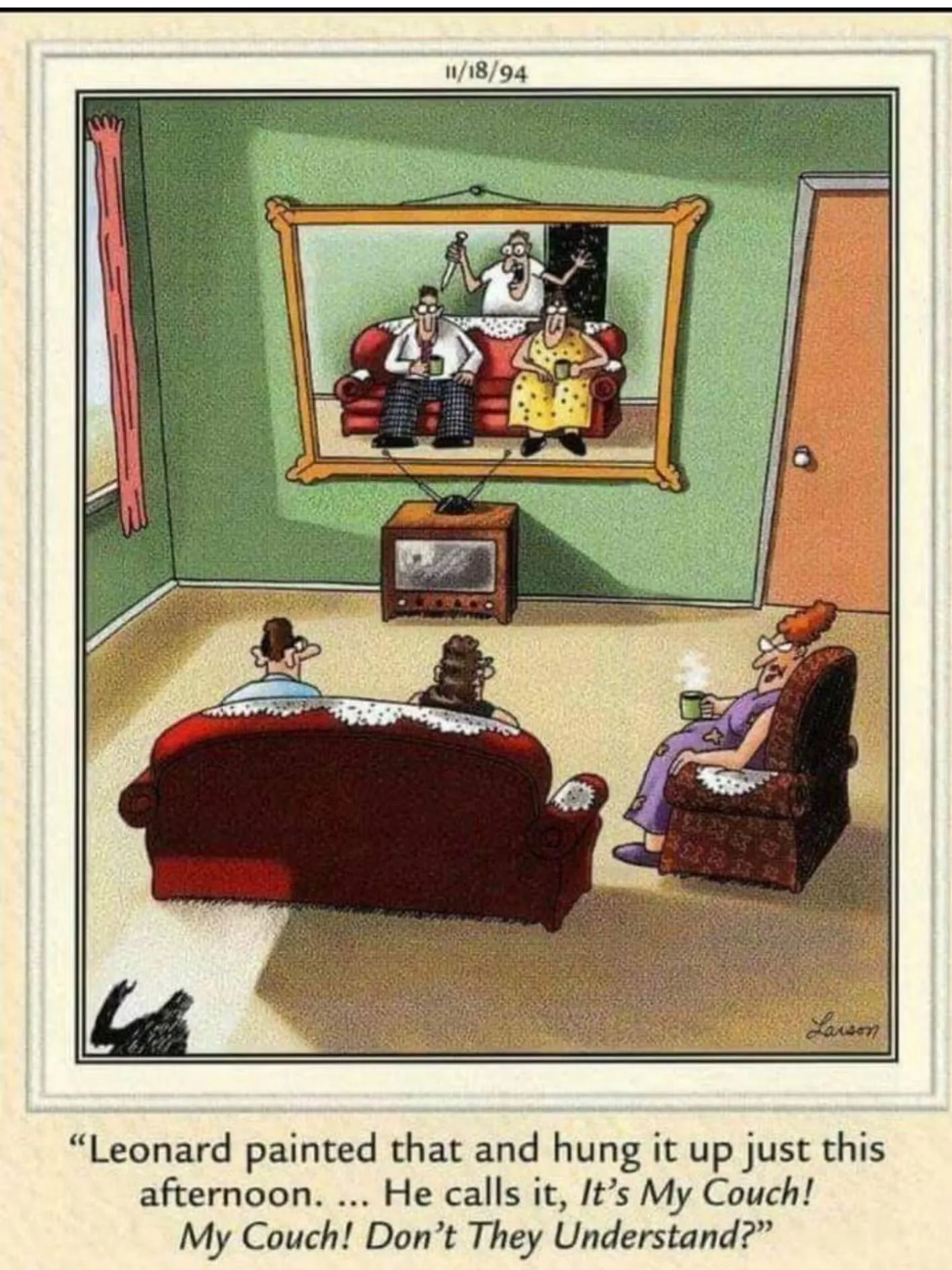 Tira Far Side: Um casal sentado em um sofá olhando para uma pintura de um casal em um sofá.