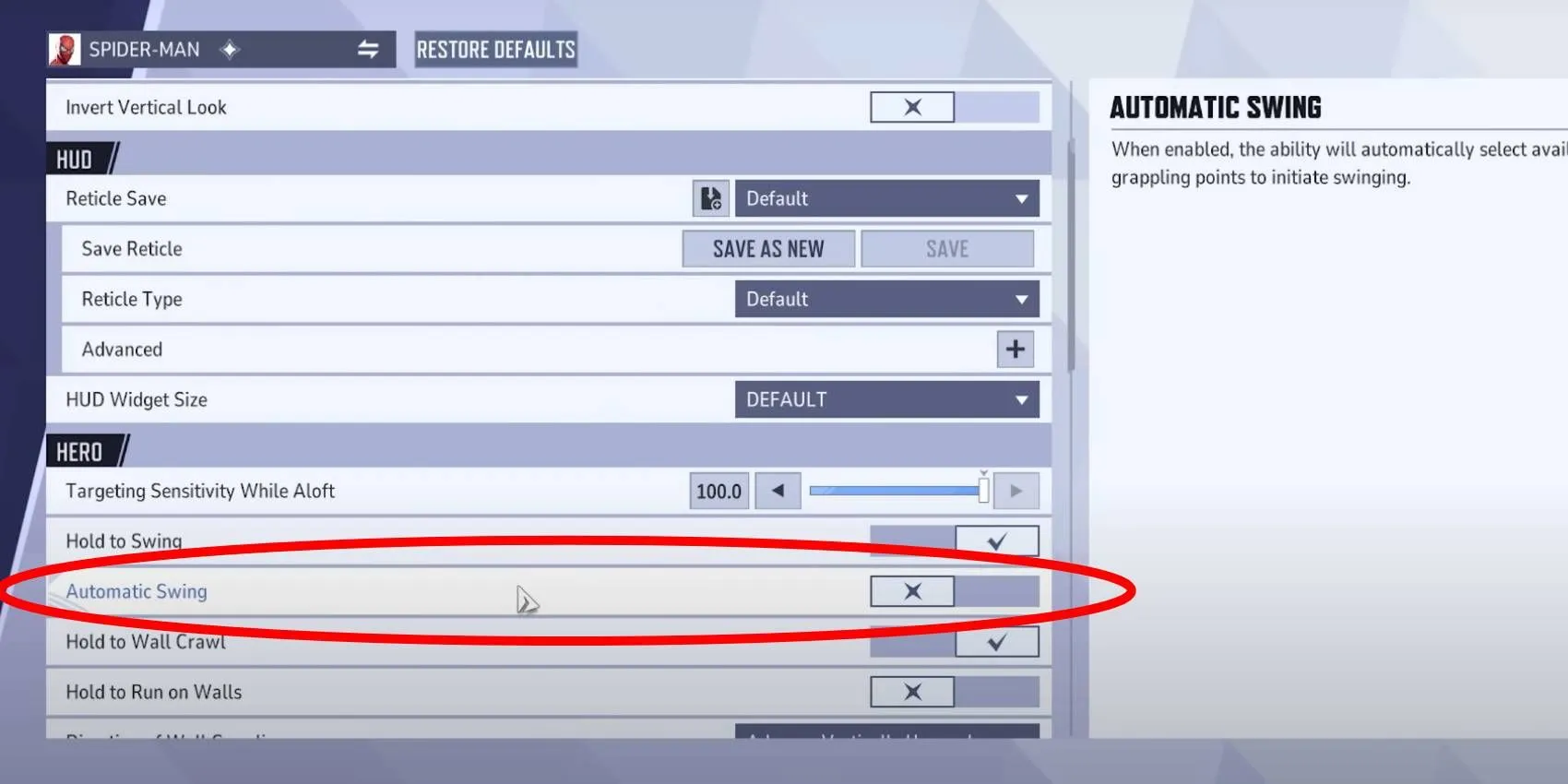 Marvel Rivals Spider-Man Automatic Swing unique character setting