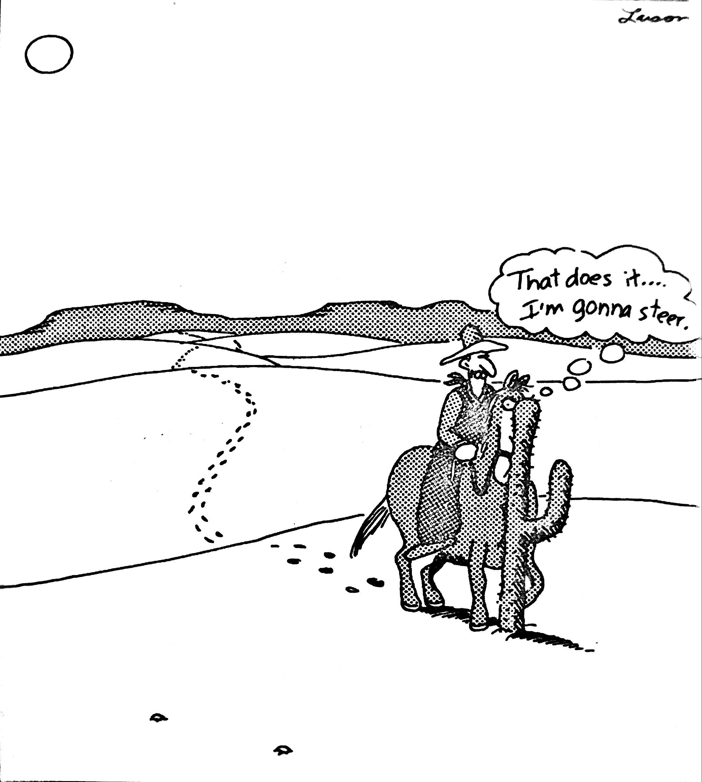 Tira Far Side: Um cavalo e um cowboy encontram um cacto cercado por terra.