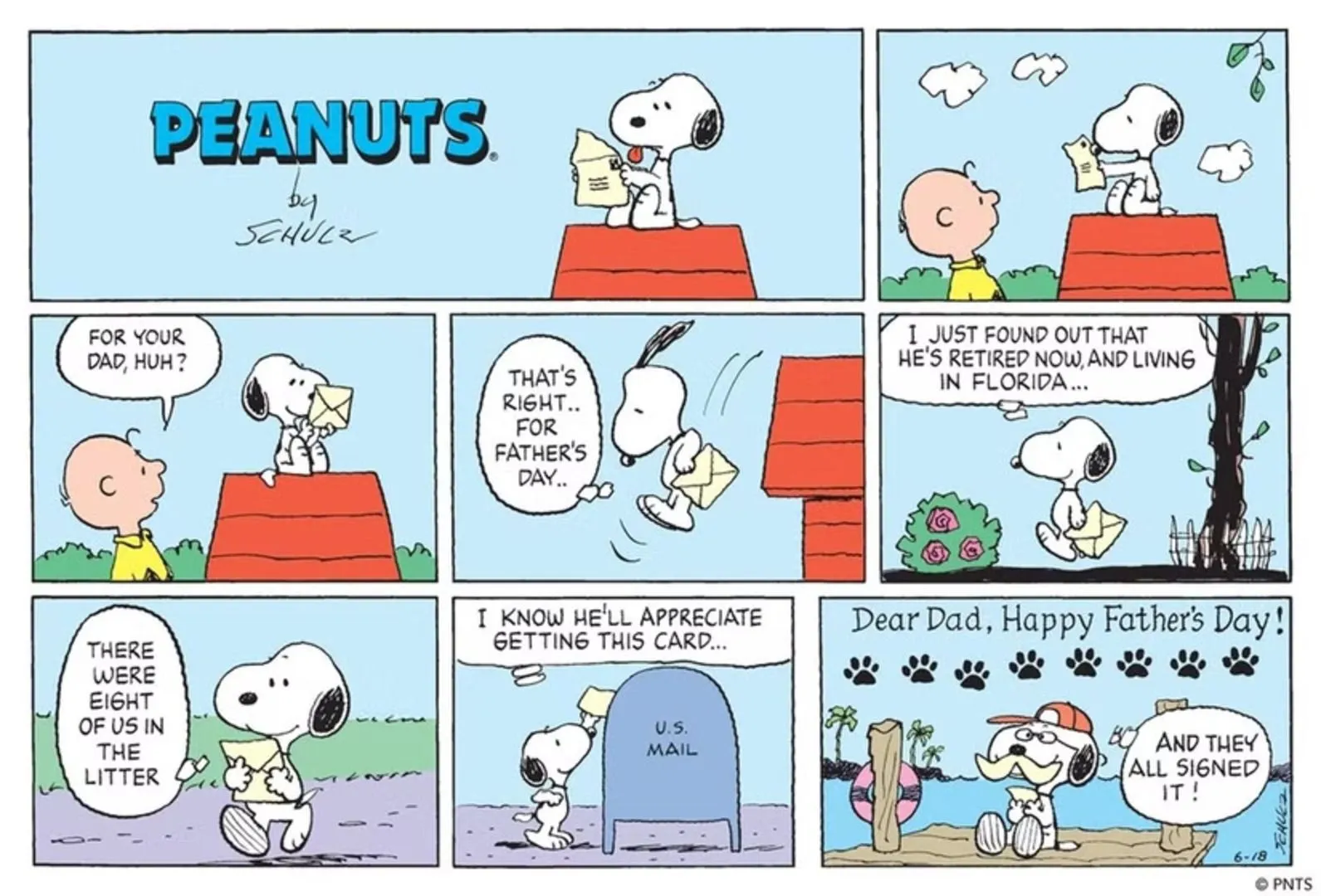 Snoopy spedisce una lettera a suo padre.