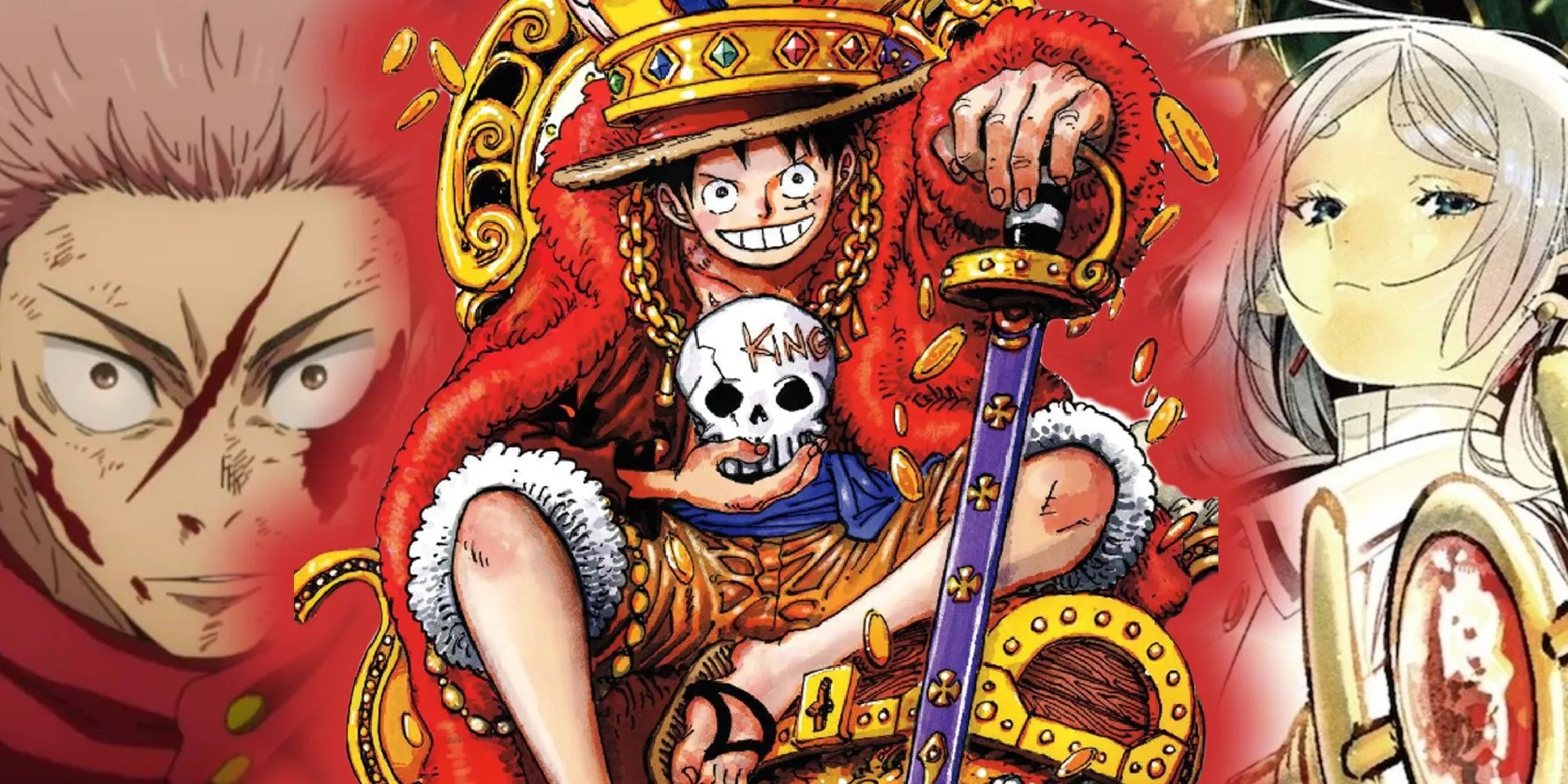 Image de Luffy souriant avec Frieren et Itadori en arrière-plan