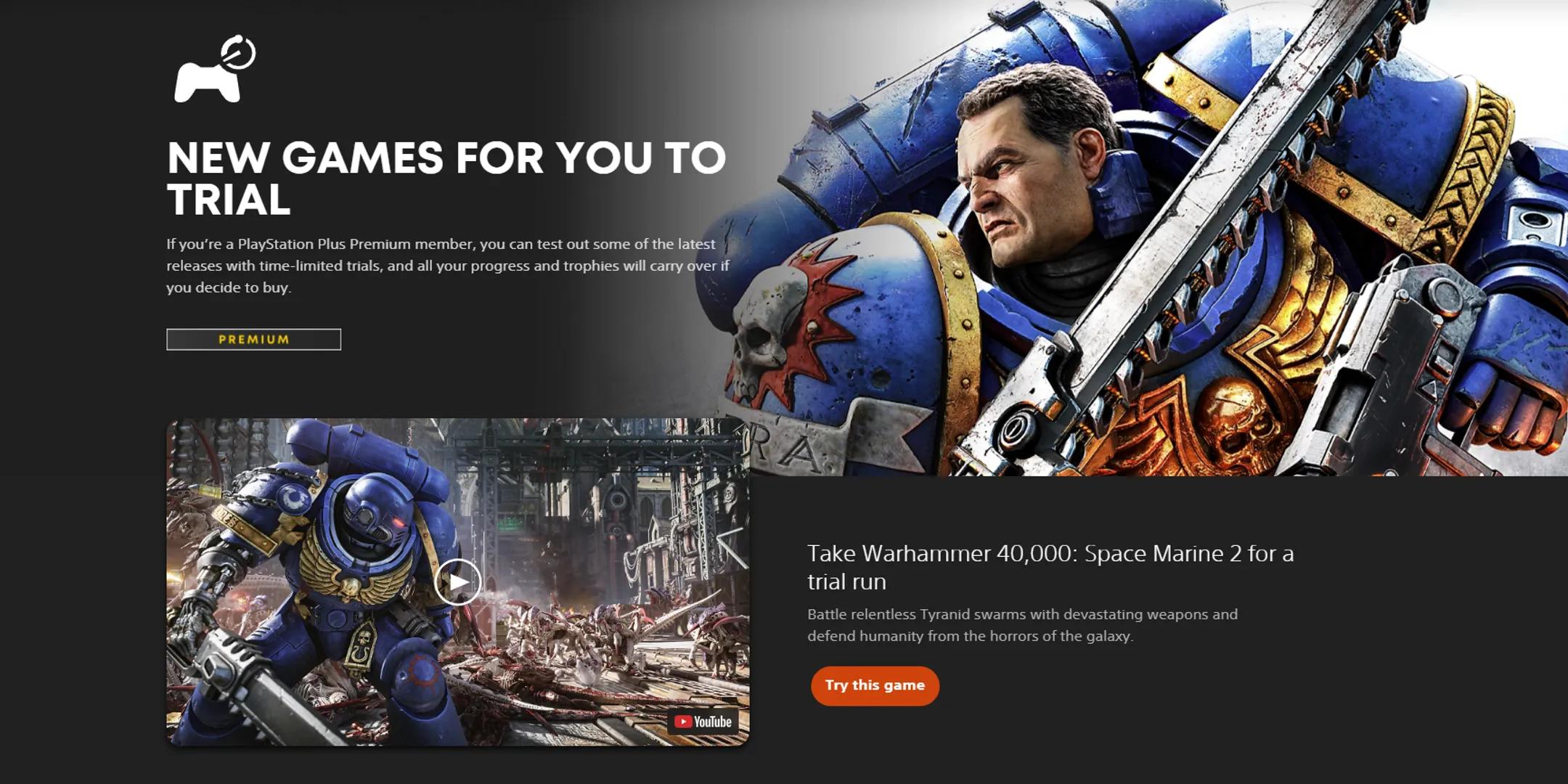 Space Marine 2 PlayStation Plus trial page.