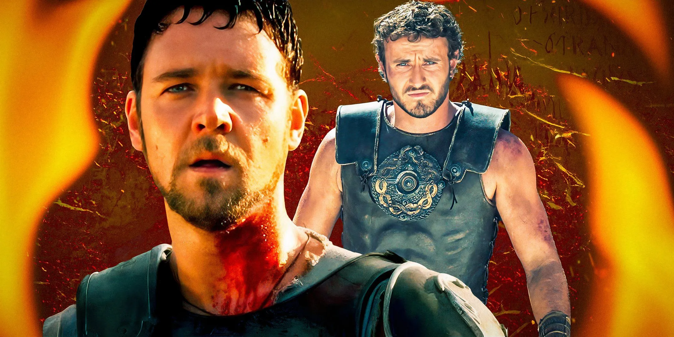 Russell Crowe como Maximus em Gladiador e Paul Mescal como Lucius em Gladiador 2