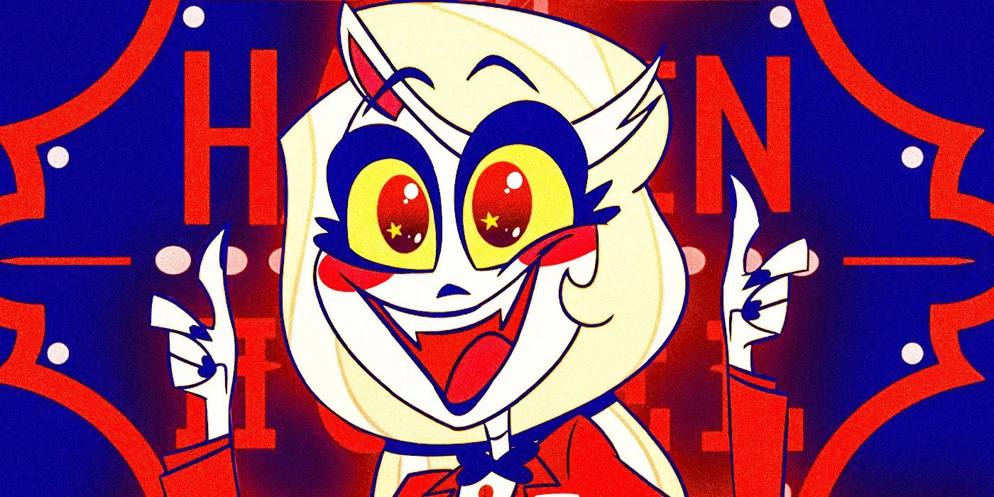 Charlie sonriendo frente al cartel del Hazbin Hotel