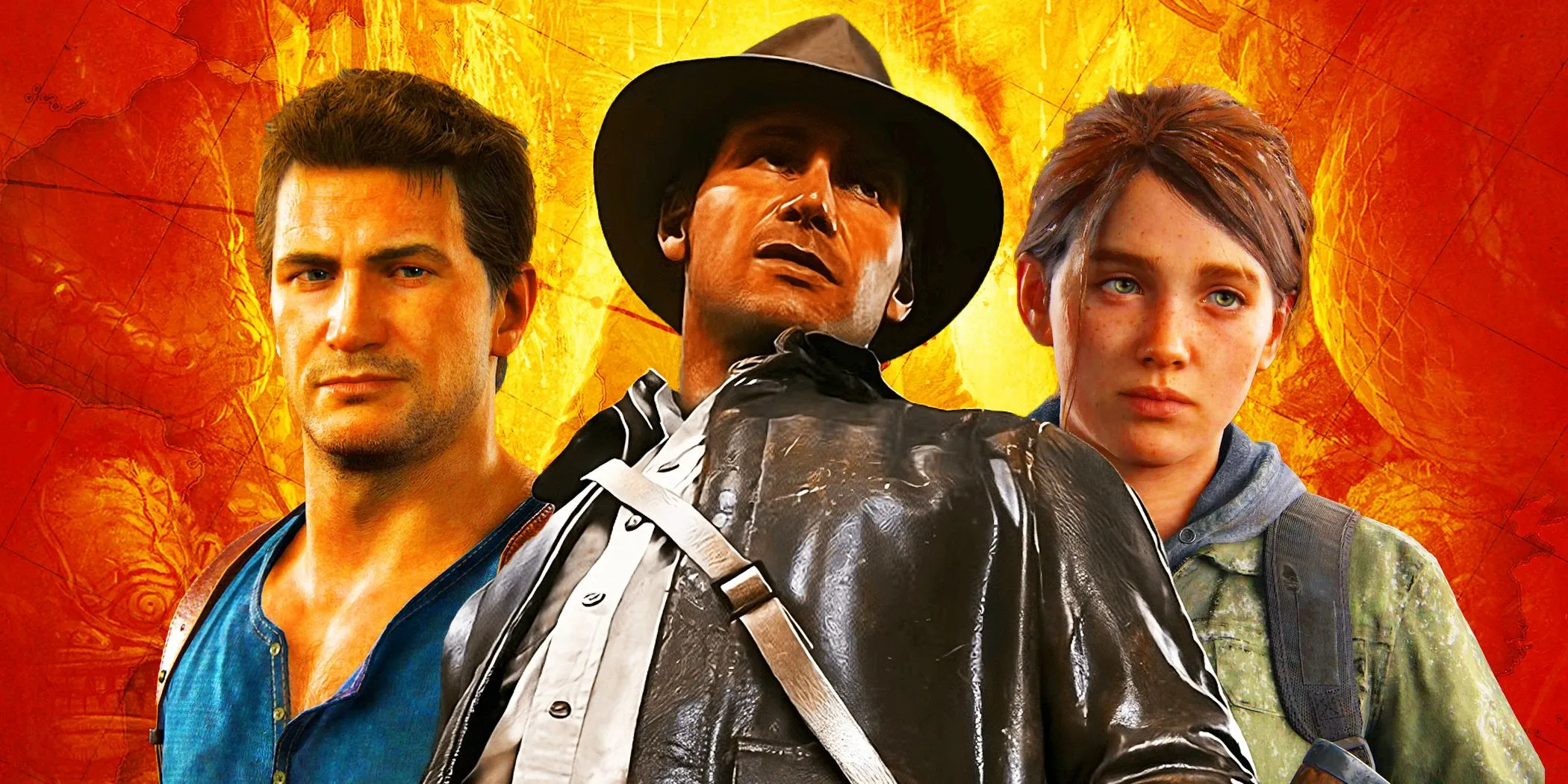 Indiana Jones accanto ai personaggi di Uncharted e The Last of Us