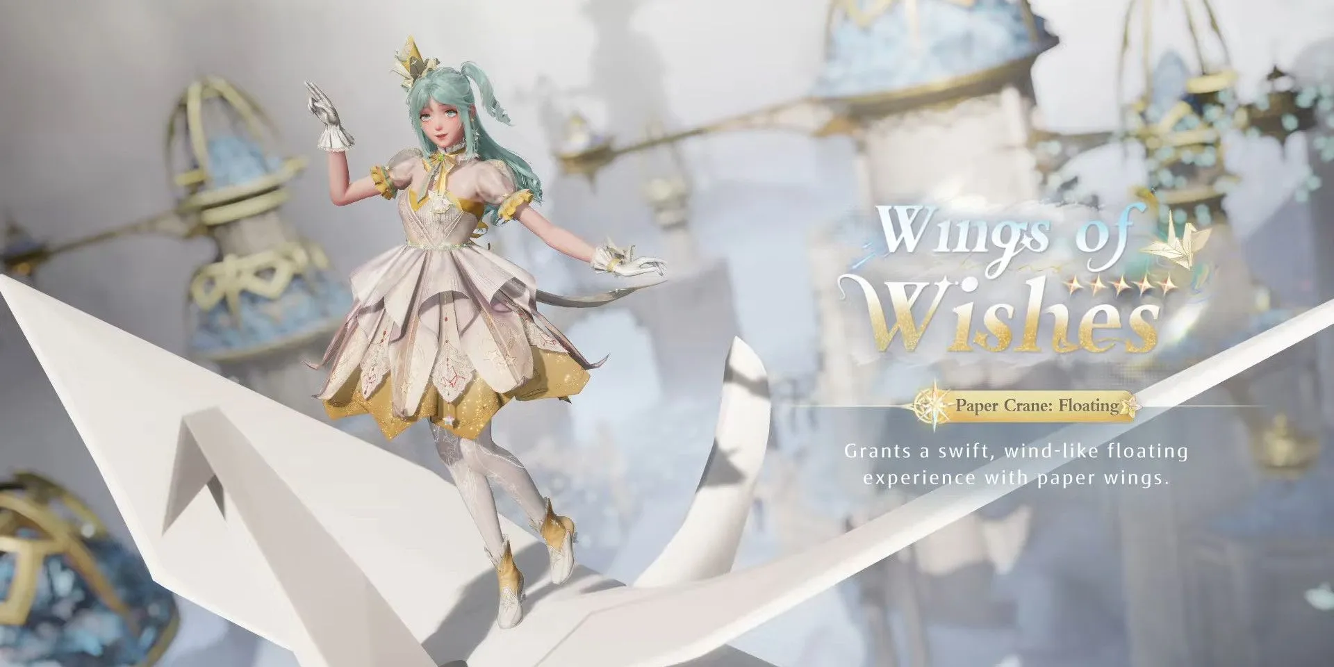 Nikki porte la tenue Wings of Wishes et chevauche une grue en papier géante dans Infinity Nikki.