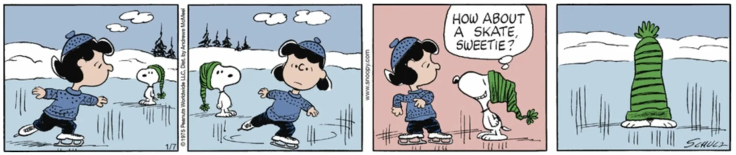 Peanuts-Streifen: Snoopy mit über Kopf und Körper gezogener Mütze auf dem Eis.