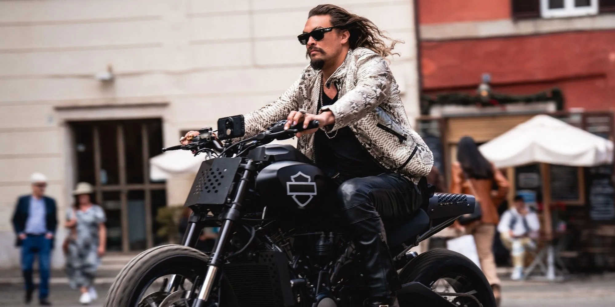 Dante (Jason Momoa) riding a motorcycle in Fast X