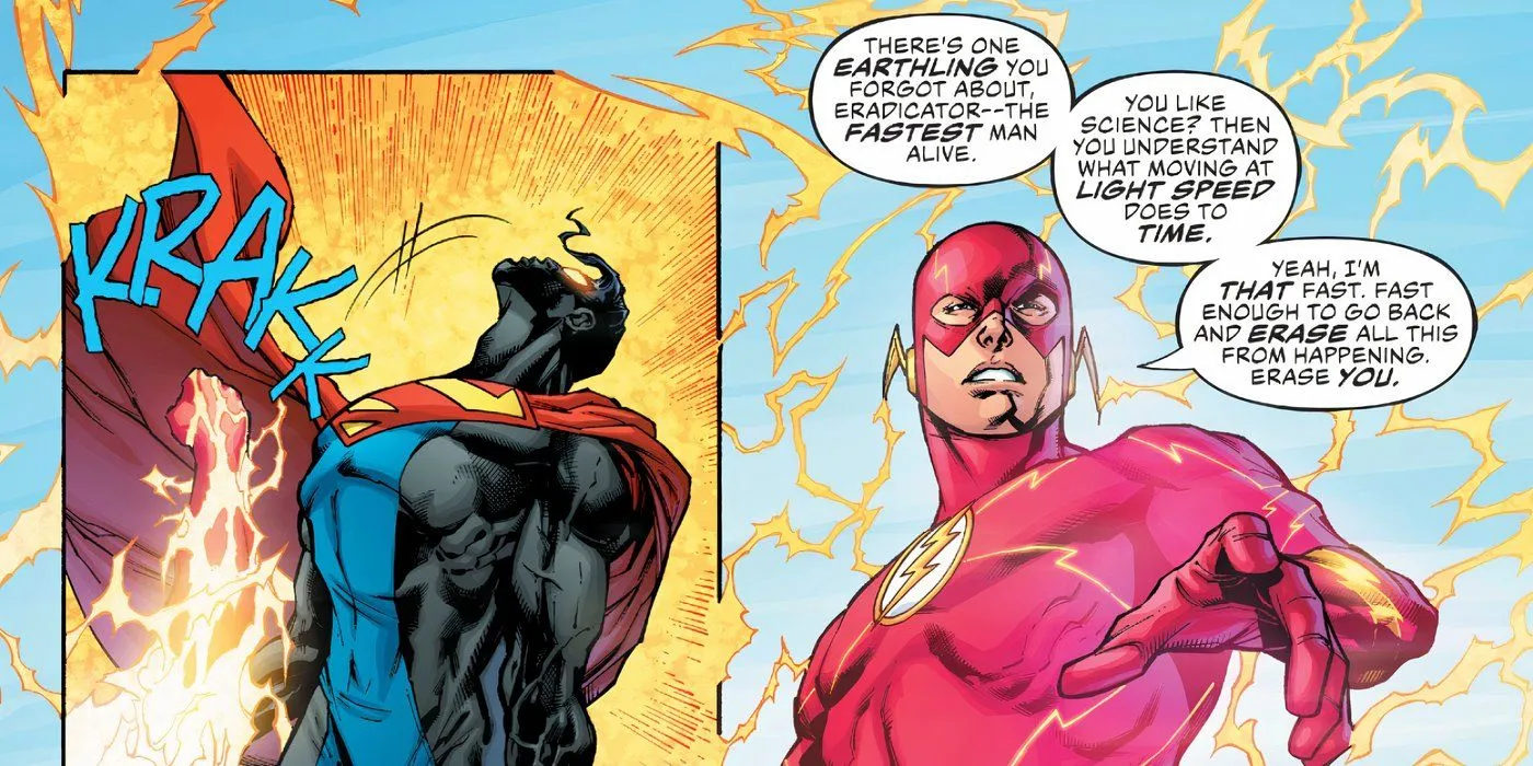 Justice League 42 Flash dice a Eradicator che può correre abbastanza velocemente da tornare indietro nel tempo e cancellarlo dall'esistenza