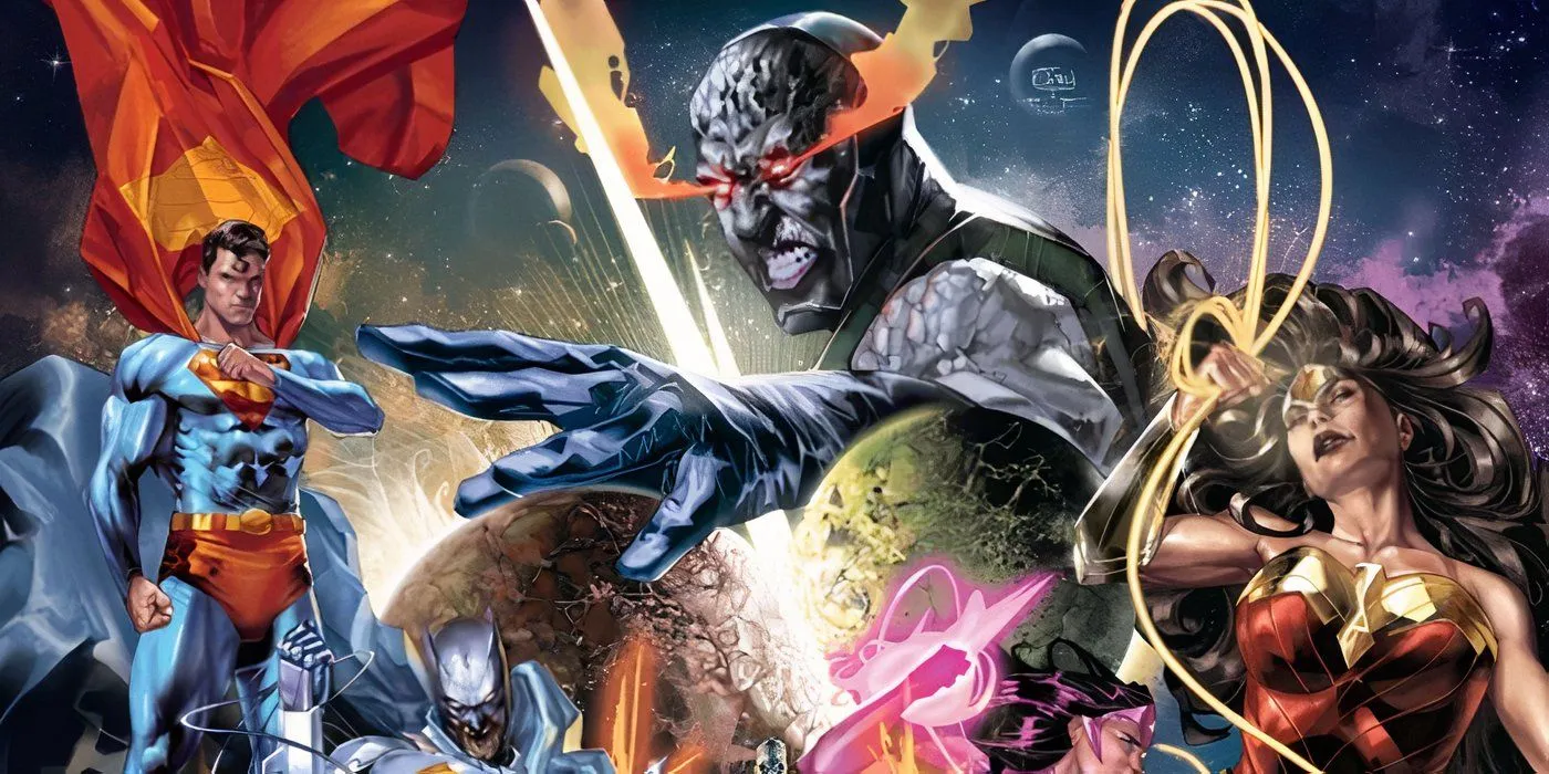 Comic book art: Darkseid looming over the heroes of the DC Universe.