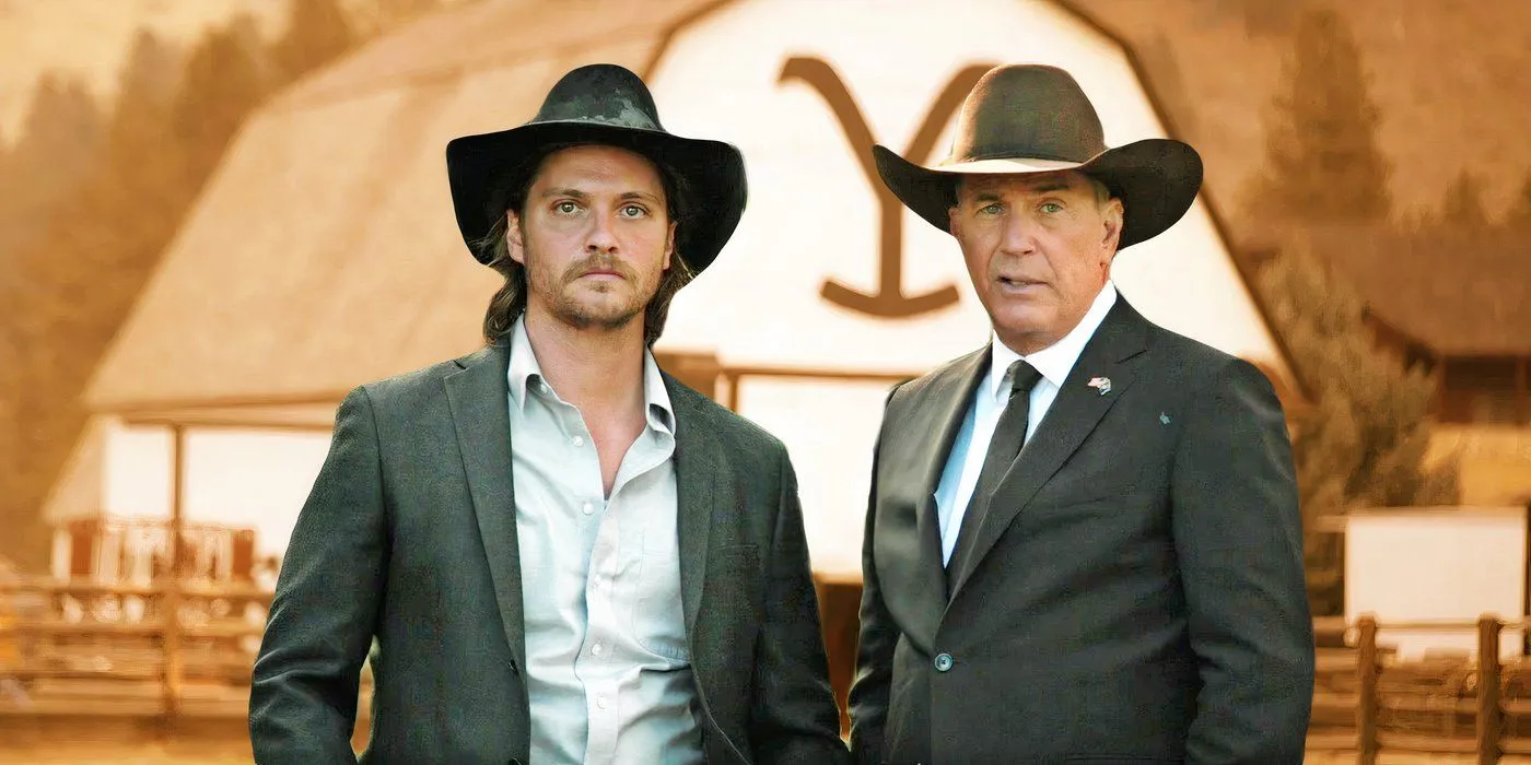 Kayce (Luke Grimes) y John (Kevin Costner) juntos en el rancho Dutton en Yellowstone imagen personalizada