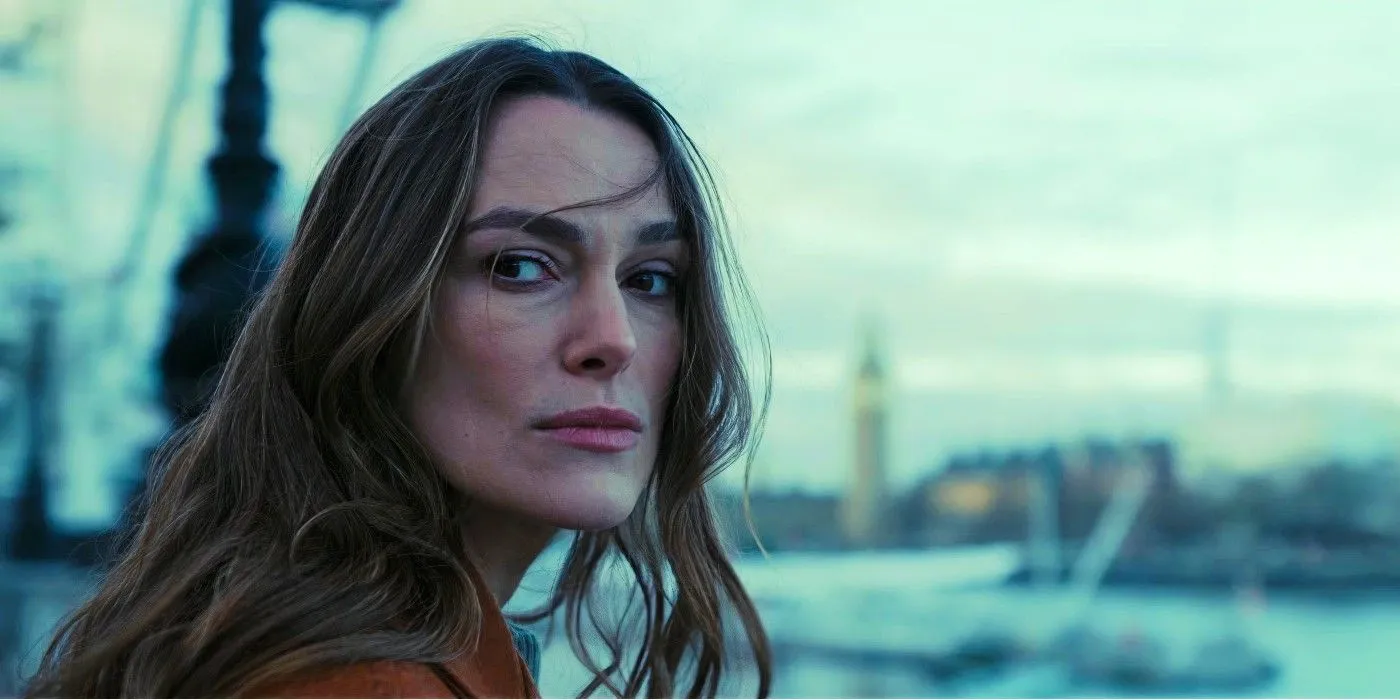 Keira Knightley overlooking the bridge in Black Doves