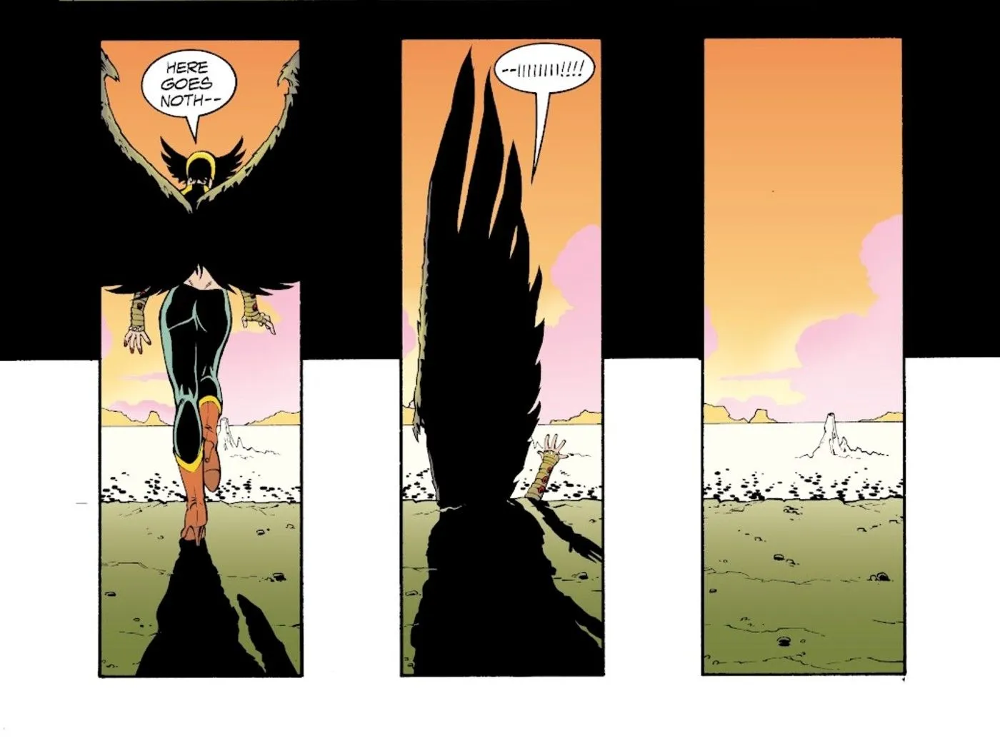 Kendra saltando de un acantilado como Hawkgirl