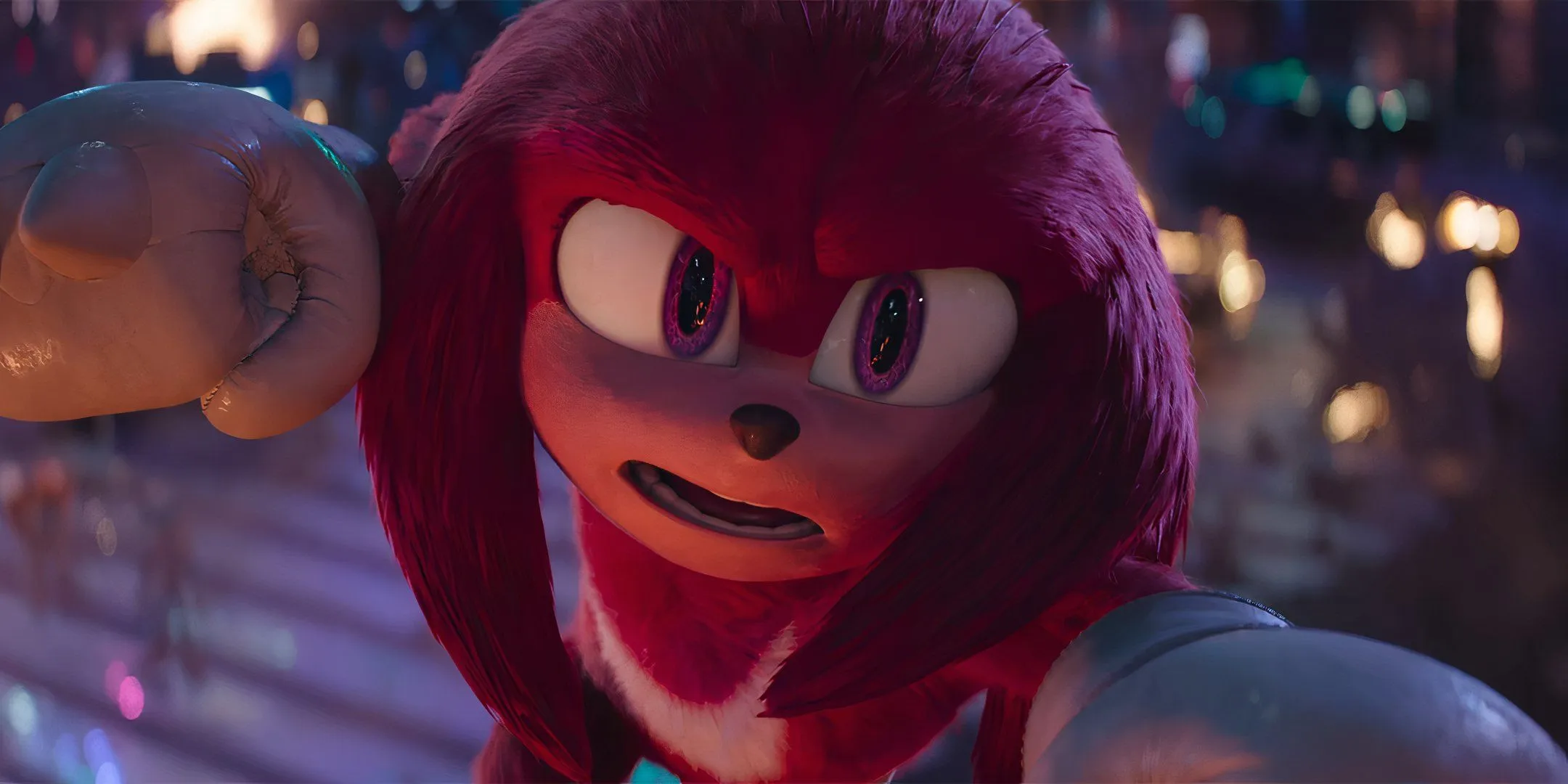 Knuckles sieht mitten im Flug in Sonic the Hedgehog 3 verängstigt aus