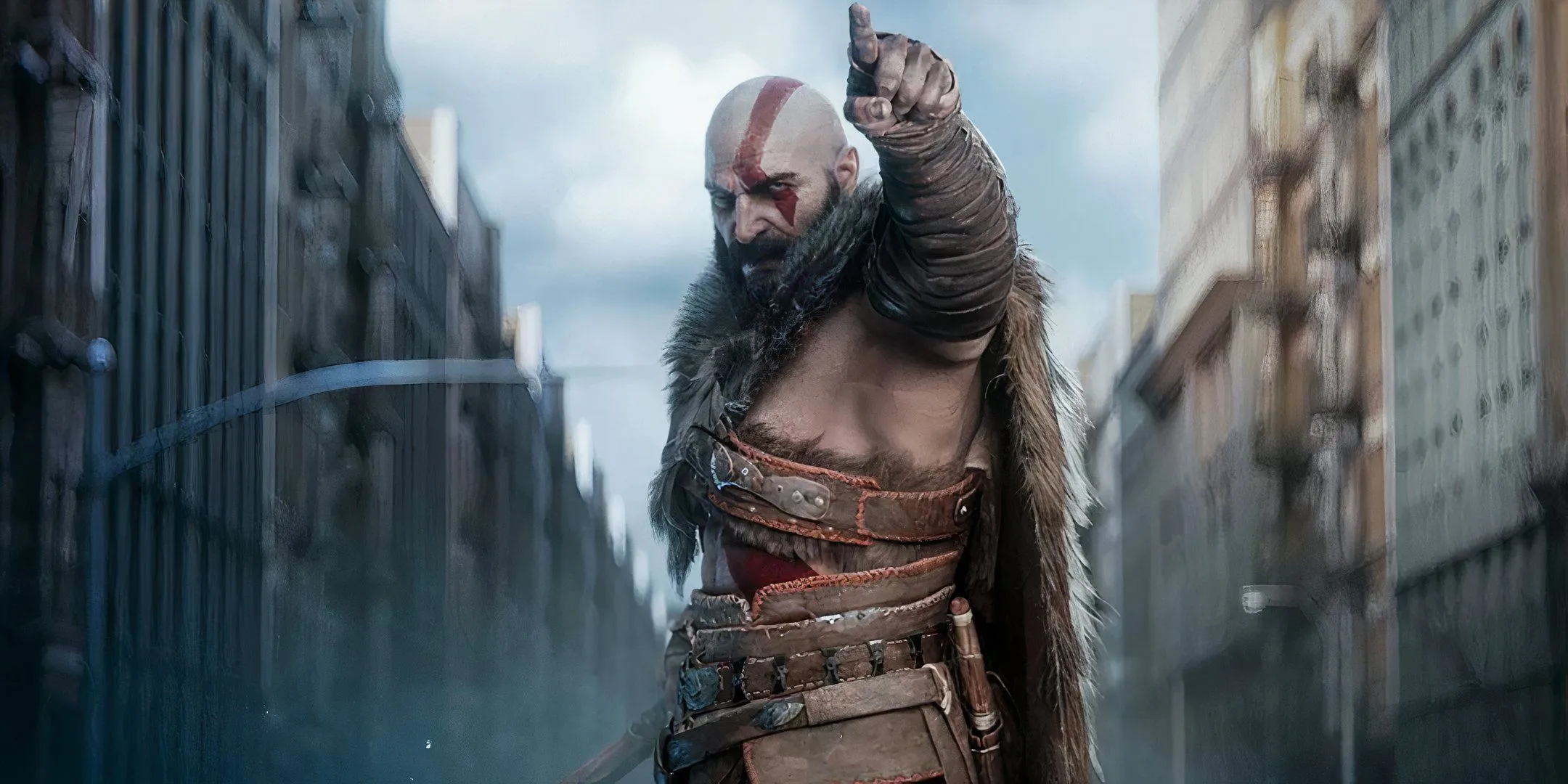 Kratos pointe quelque chose en se tenant dans une rue de la ville dans Secret Level