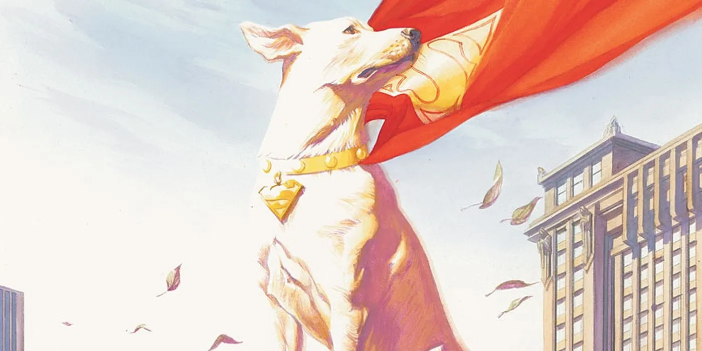 Illustrazione di fumetti: Krypto il Supercane si erge sicuro, con il mantello che svolazza, nel mondo della DC Comics