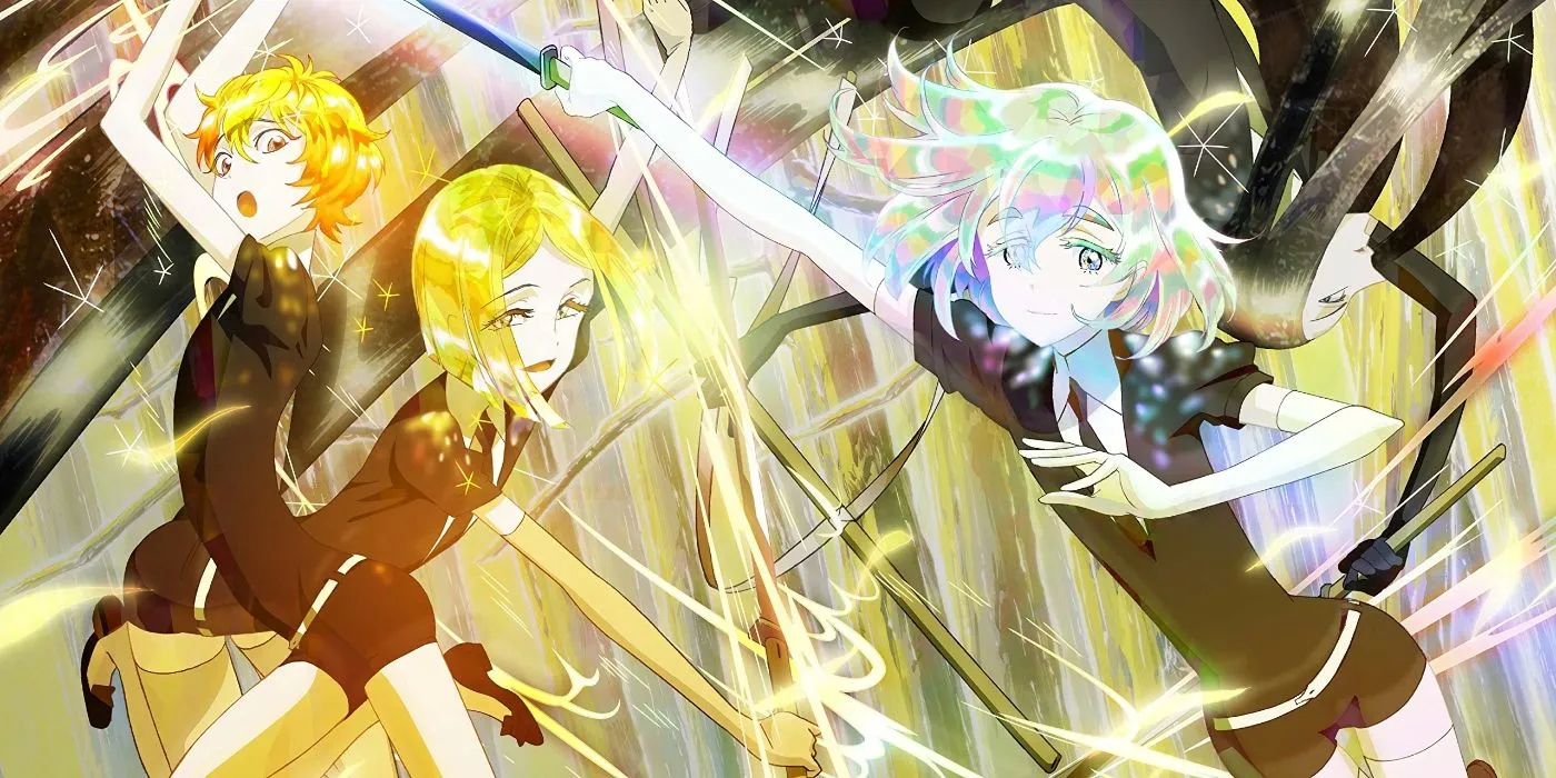 Couverture de l'anime Land of the Lustrous mettant en vedette Diamond et deux autres personnages aux cheveux jaunes.