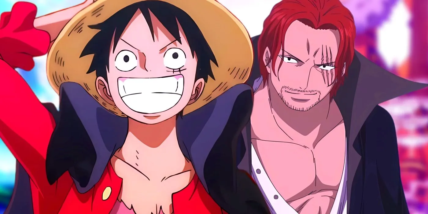 Luffy and Shanks standing side by side while smiling. Behind them, the Elbaf port can be seen.