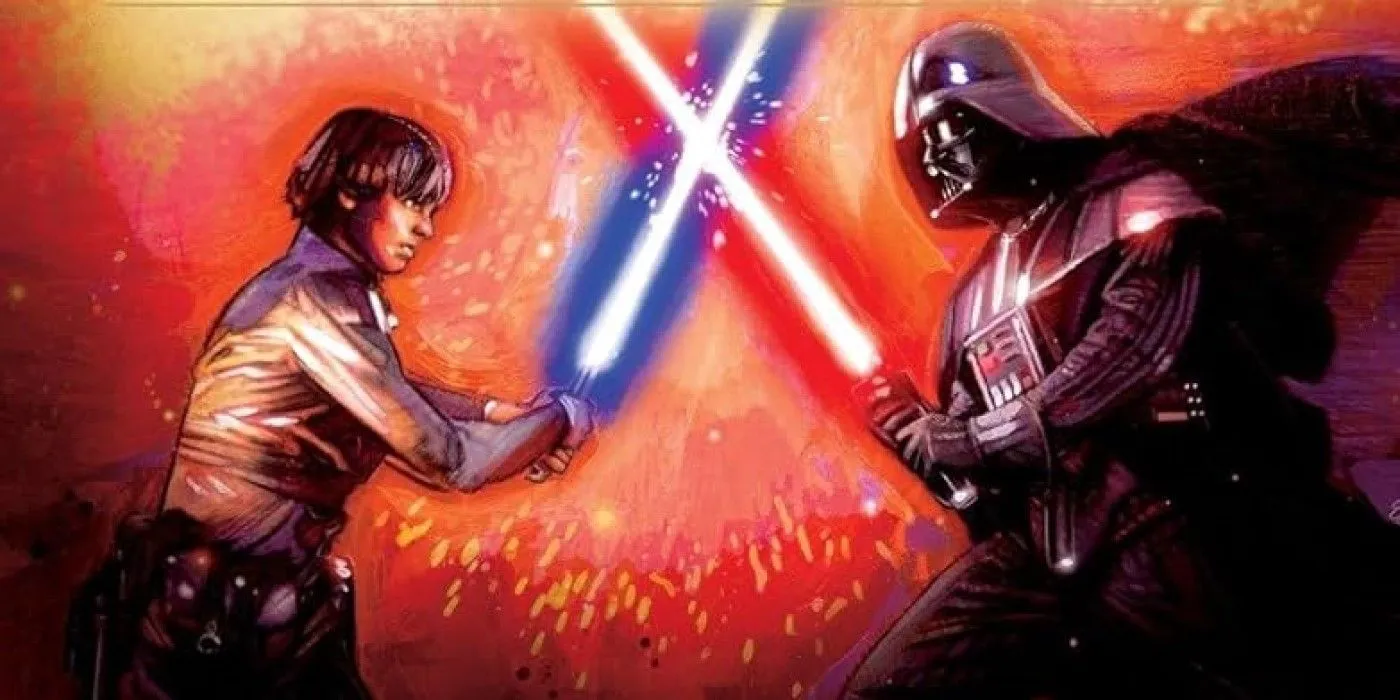 Luke Skywalker e Darth Vader combattono sulla copertina di Jedi vs Sith The Essential Guide to the Force.