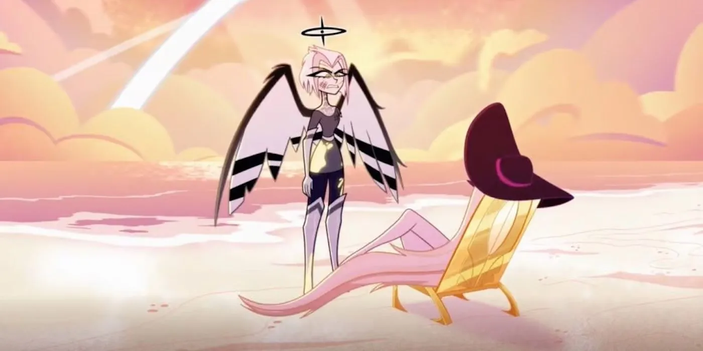 Lute hablando con Lilith en una playa del hotel Hazbin