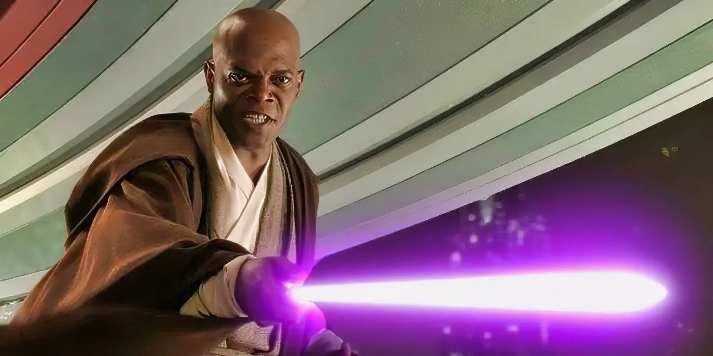 Star Wars' Mace Windu pointing his lightsaber at Palpatine.