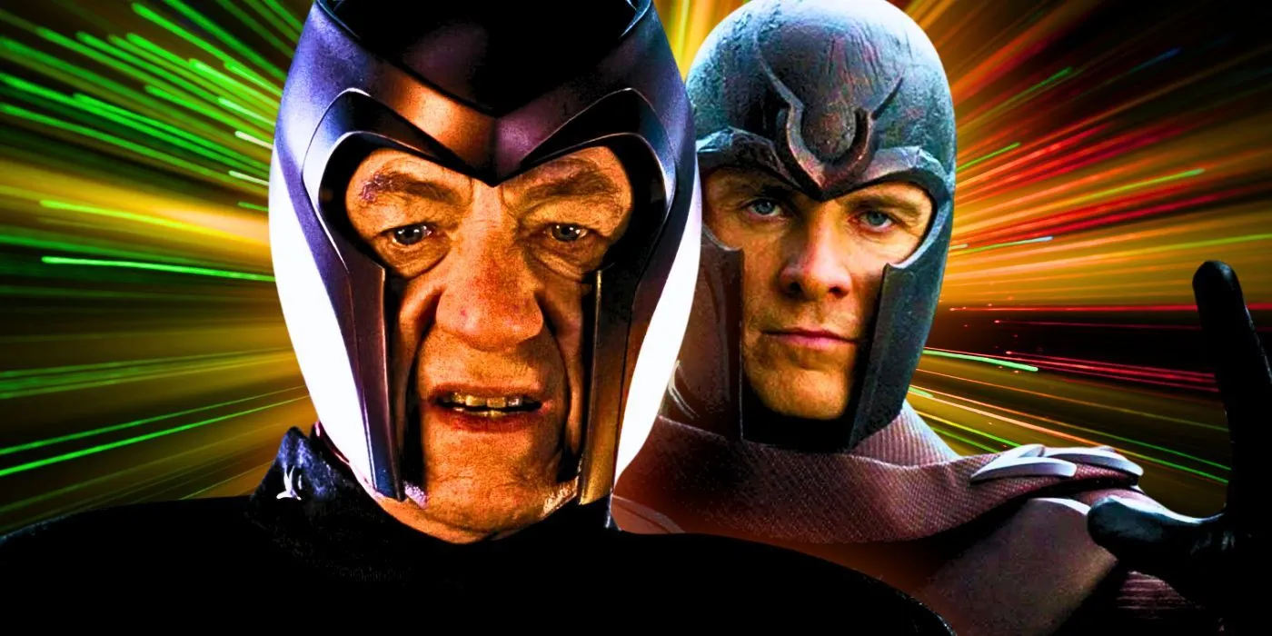 Magneto interpretato da Ian McKellen e Michael Fassbender davanti a un effetto starburst