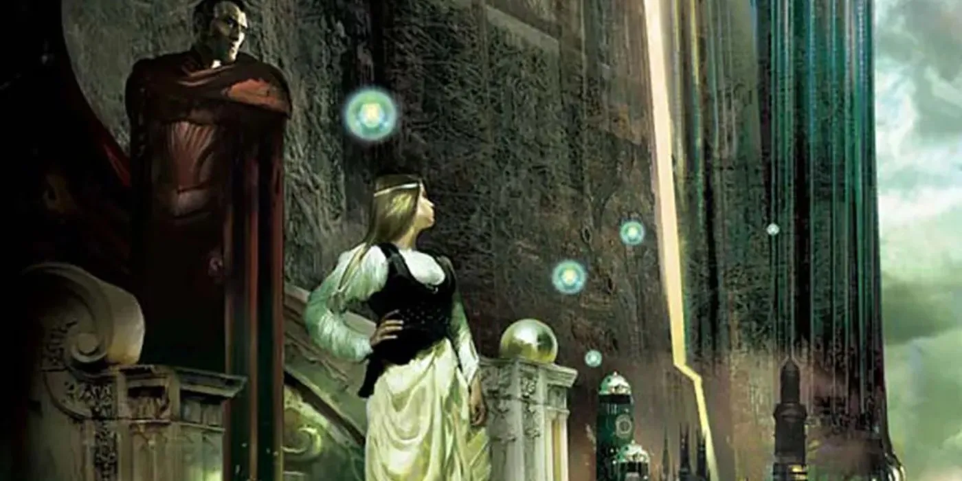 Cover-Art von Brandon Sanderson für Elantris zeigt Figuren, die in einen graugrünen Himmel blicken.