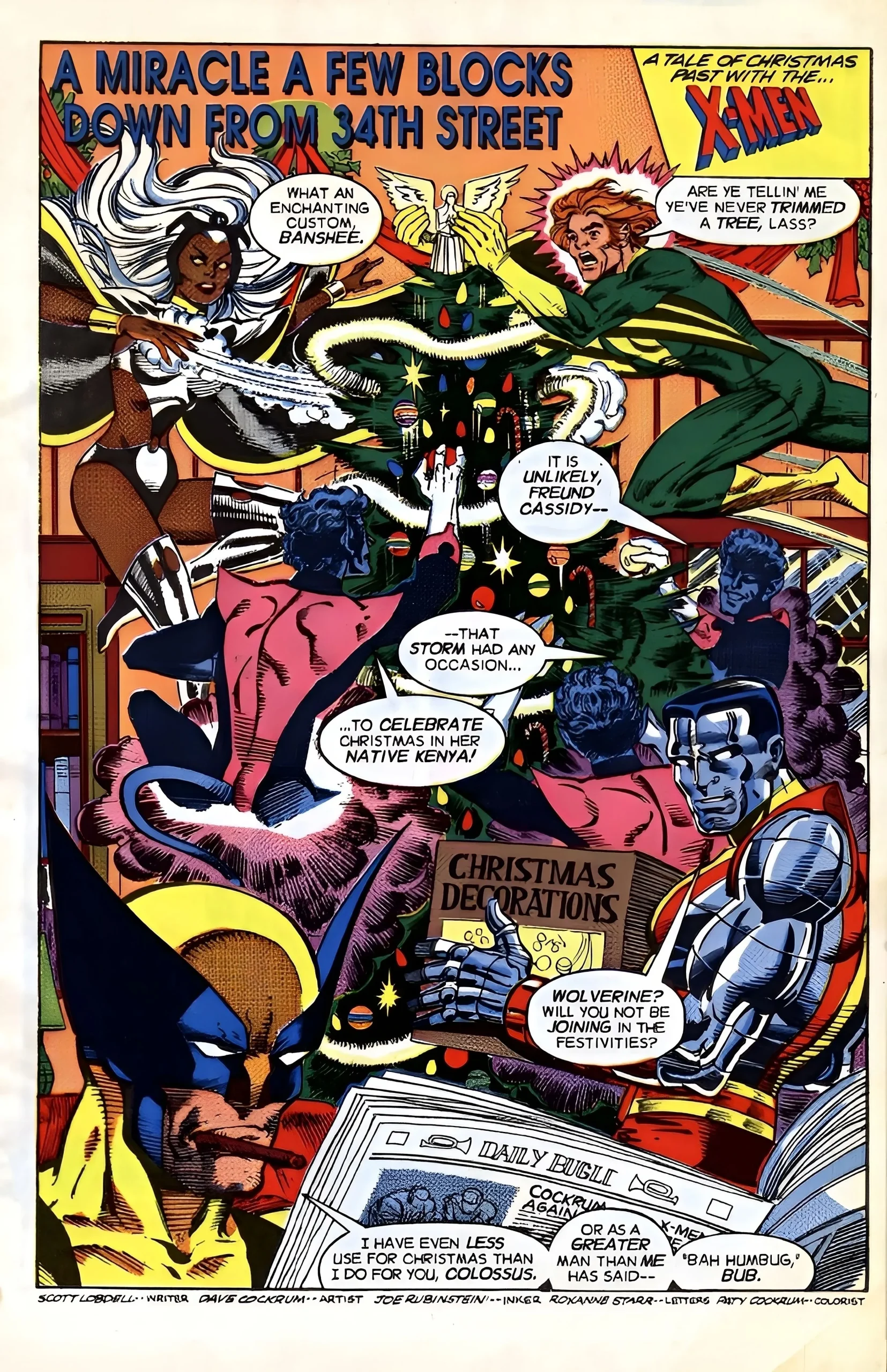 Página de cómic: Los X-Men decoran un árbol para Navidad.