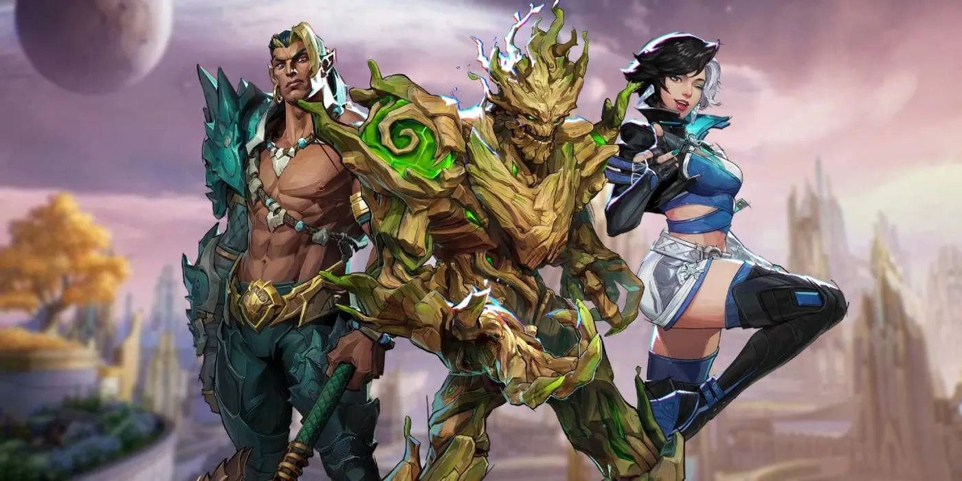 Marvel Rivals Groot, Namor, and Luna Snow together on Asgard map