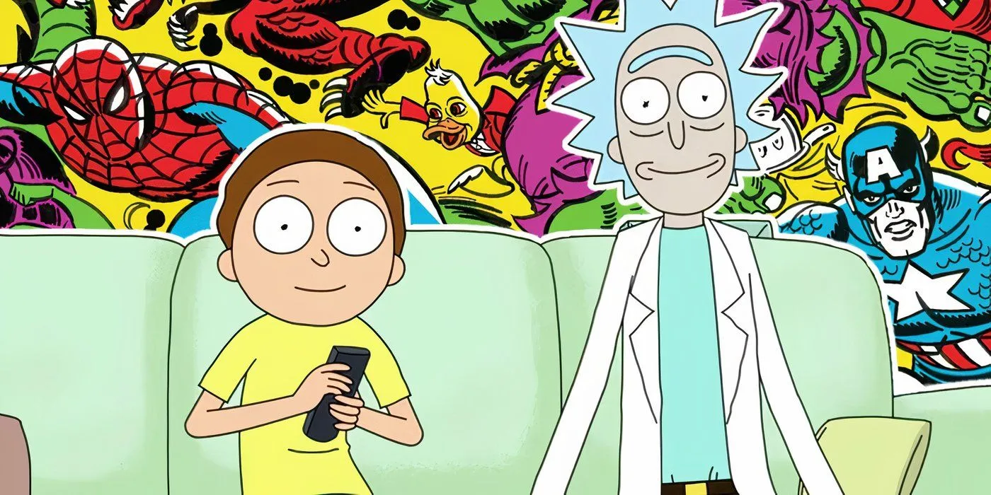 Rick i Morty siedzą na kanapie, a za nimi postacie z komiksów Marvela.