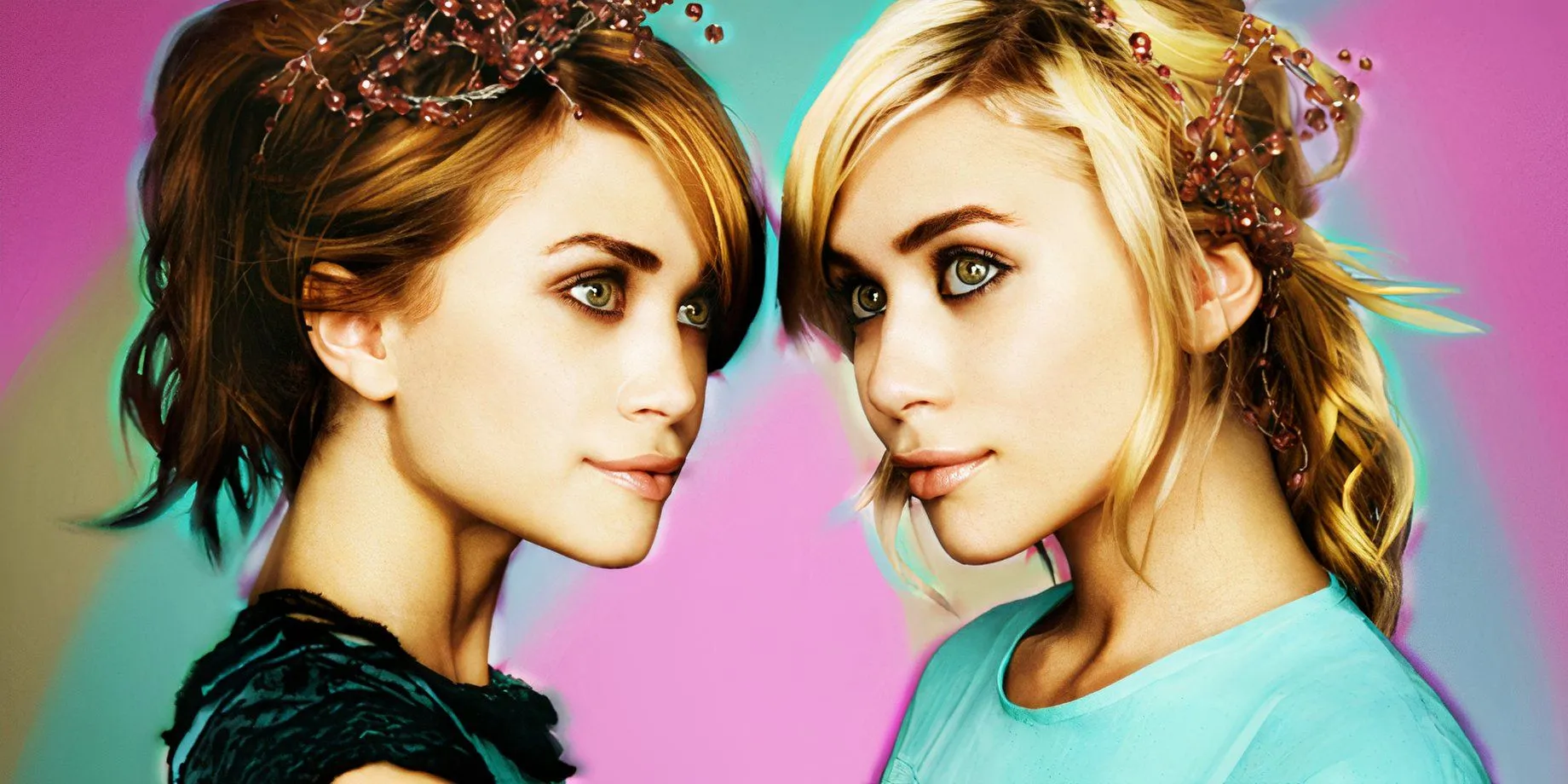 Mary-Kate and Ashley Olsen with beaded hairpieces in their Saturday Night Live promotional shoot in 2004