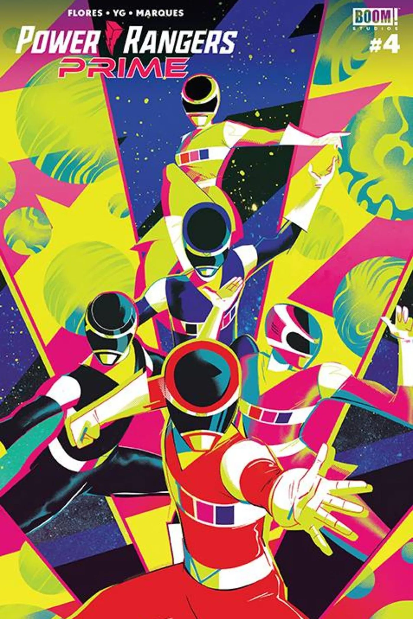 Capa de história em quadrinhos: Power Rangers posam juntos em cores neon.