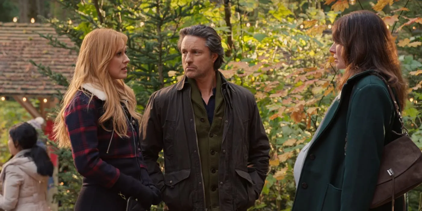 Mel, Jack and Charmaine chat outside in the Virgin River Christmas episodes