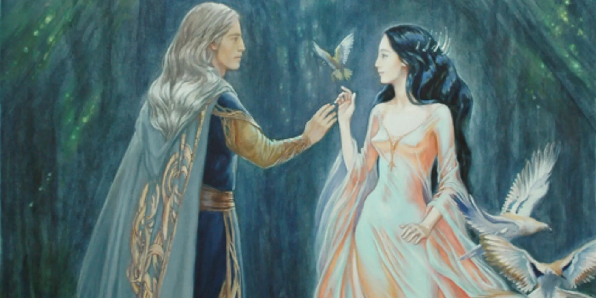 Melian et Elu Elwe Thingol, roi et reine de Doriath, se rencontrent au Premier Âge dans Le Silmarillion de JRR Tolkien