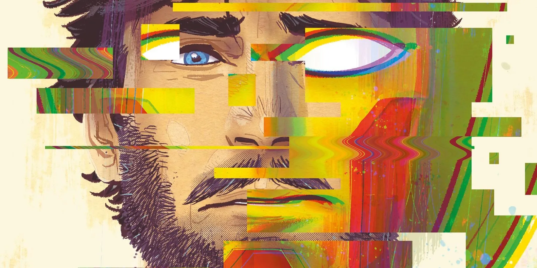 Illustrazione di un fumetto: Scott Free si confonde con la sua maschera di Mister Miracle.