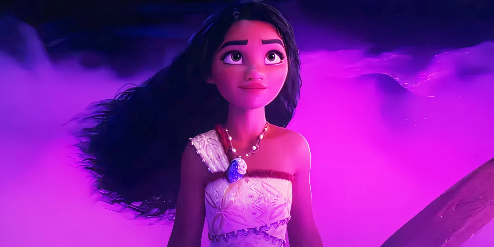 Moana parada entre nuvens rosas em Moana 2