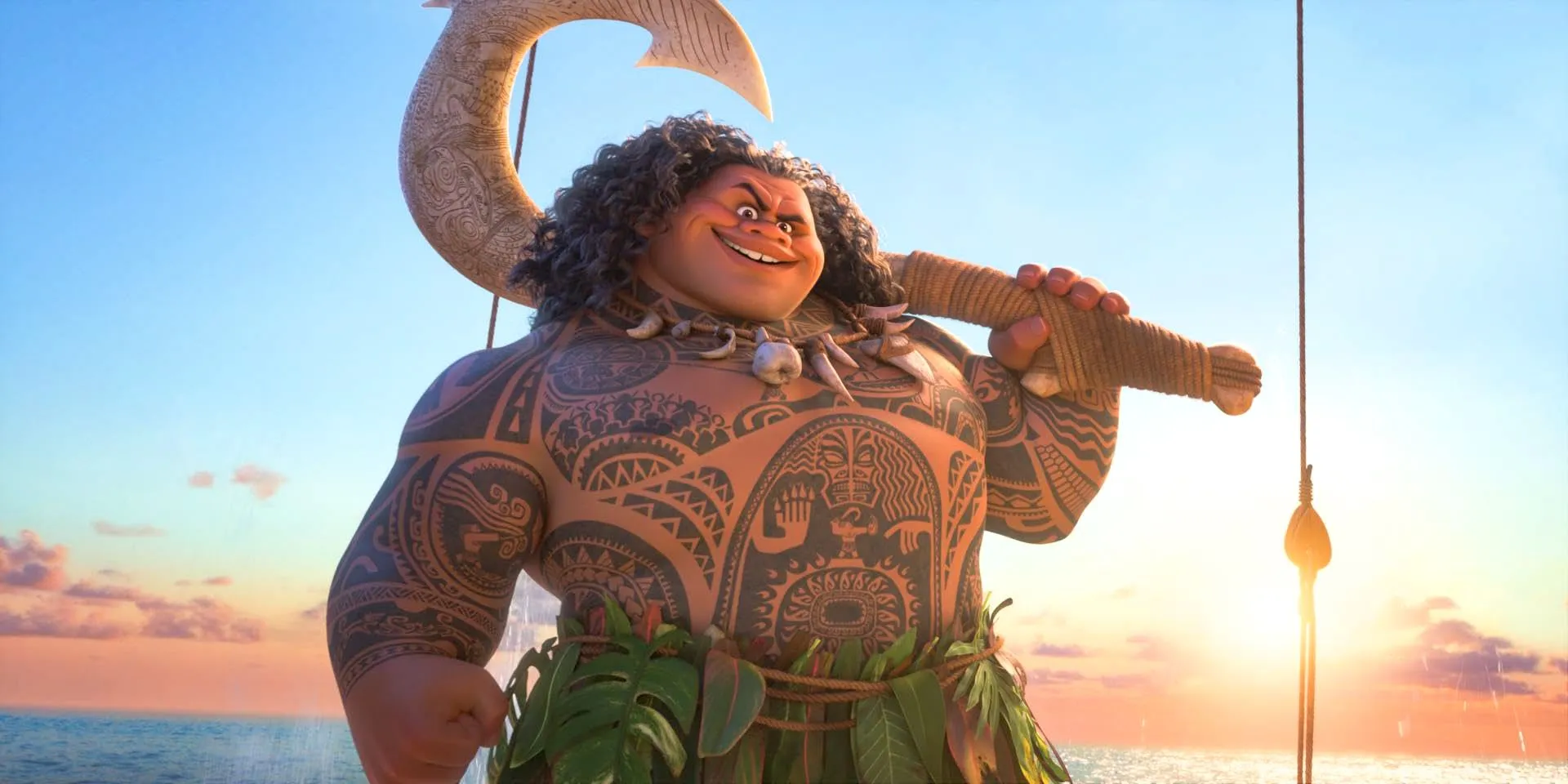 Maui com seu gancho apoiado no ombro em Moana 2