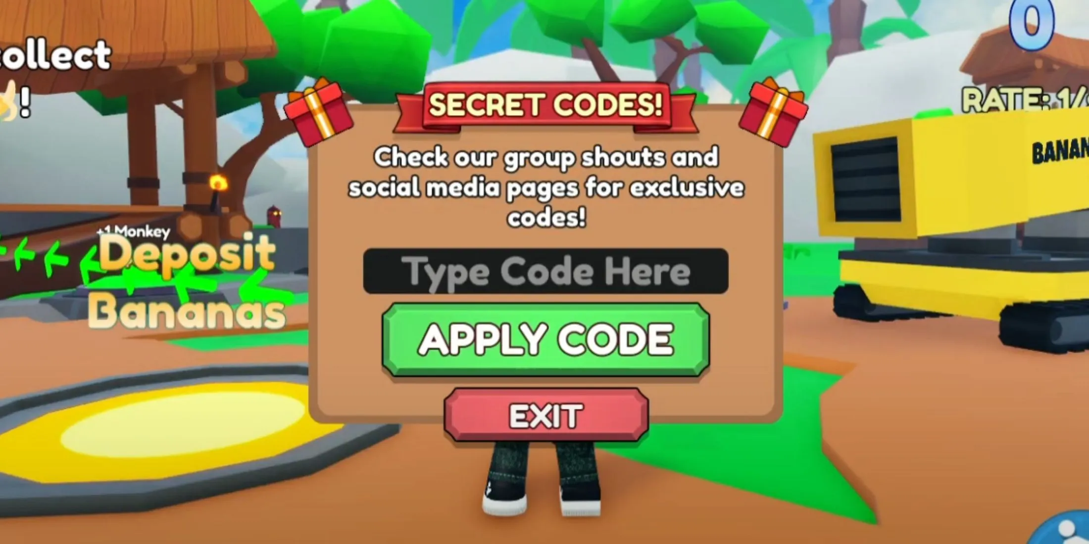 Interface des codes Monkey Tycoon