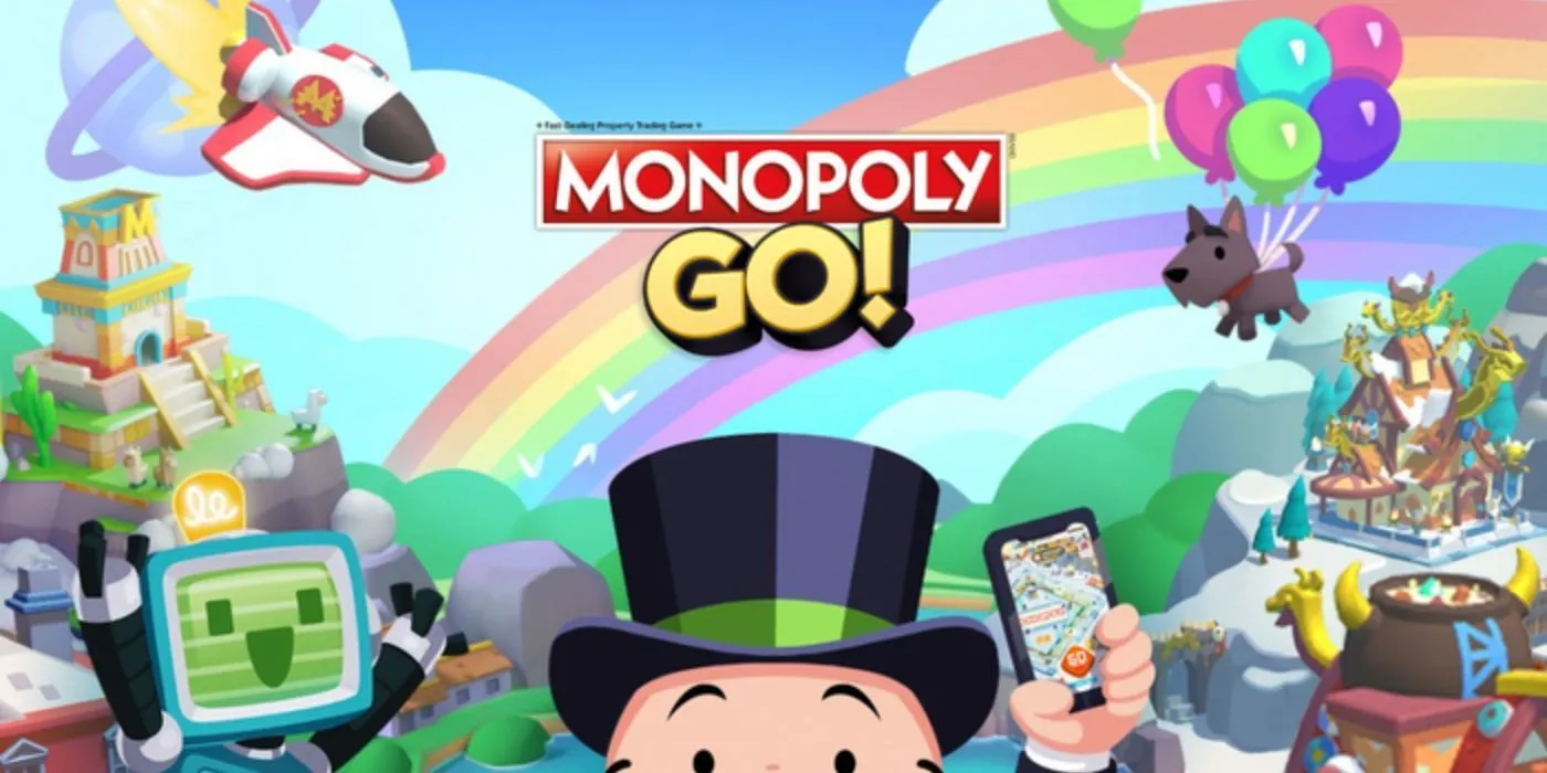 Milburn Pennybags trzymający telefon komórkowy przed logo Monopoly GO!