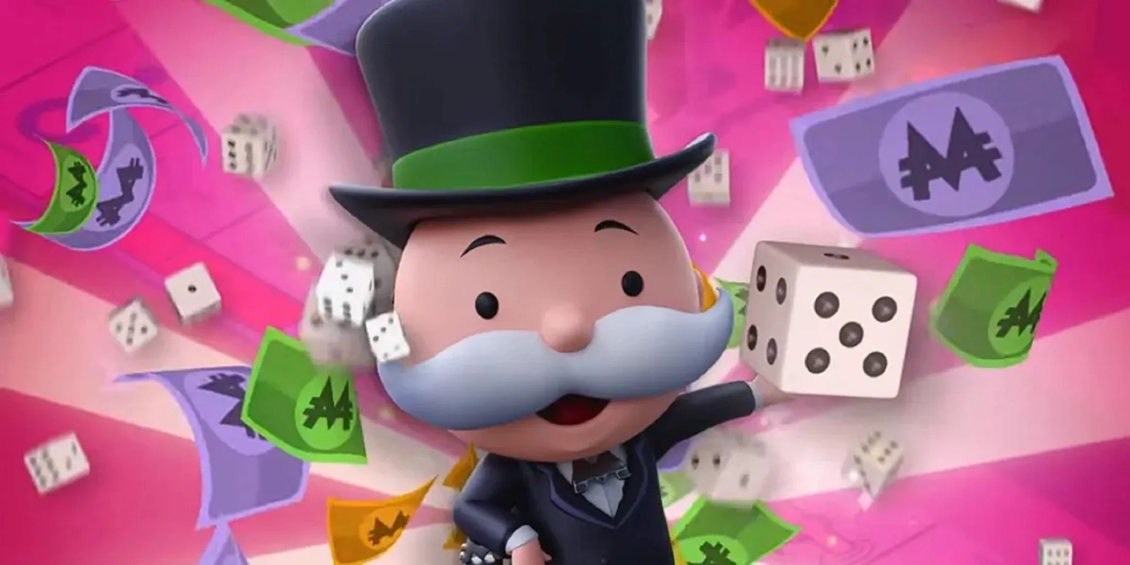 La mascotte du Monopoly entourée de dés et d'argent