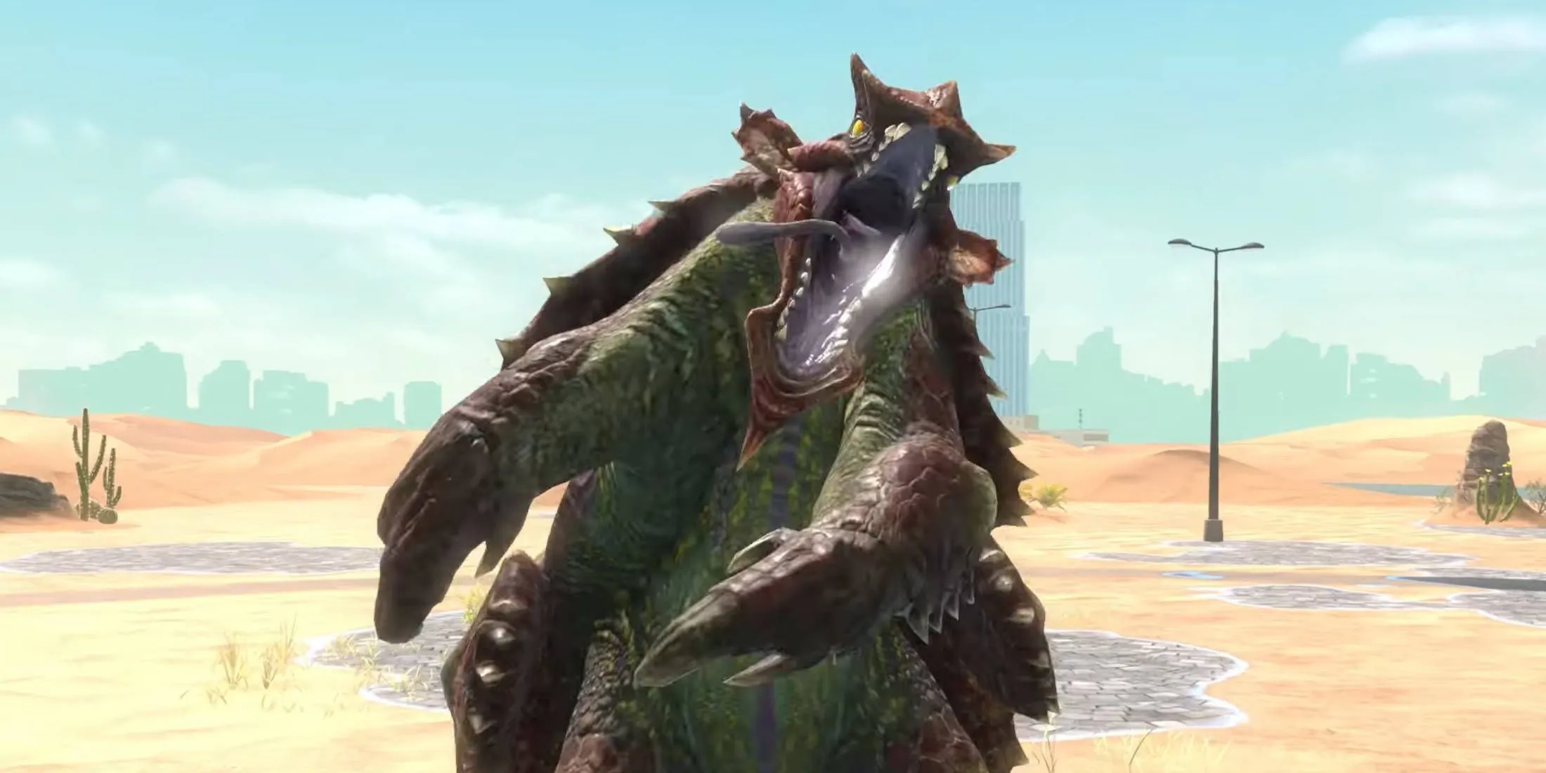 Monster Hunter Now Switch Axe build: un Volvidon ruggisce nel deserto vicino ad alcune luci.