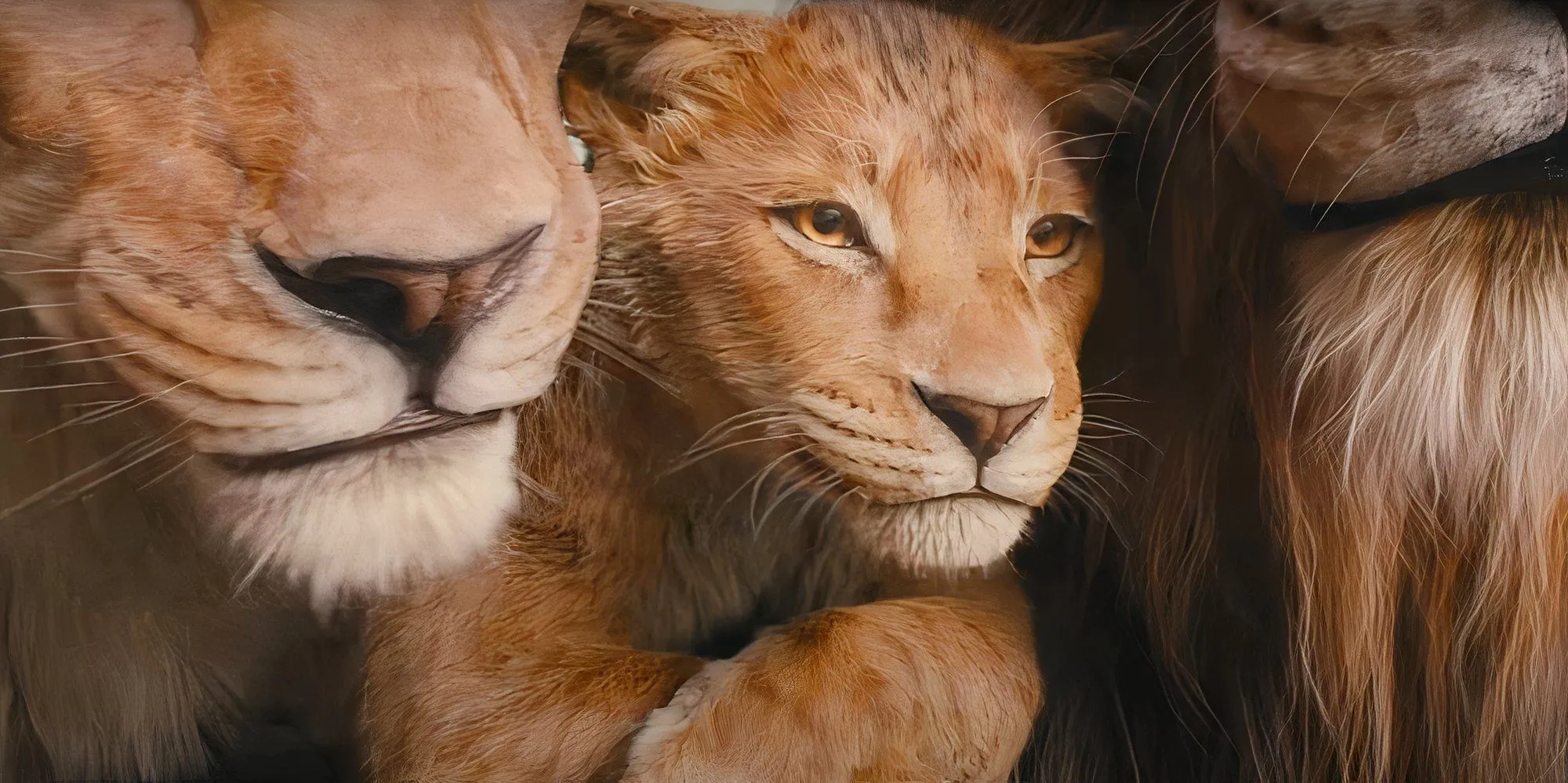 Mufasa avec ses parents dans Mufasa : Le Roi Lion.