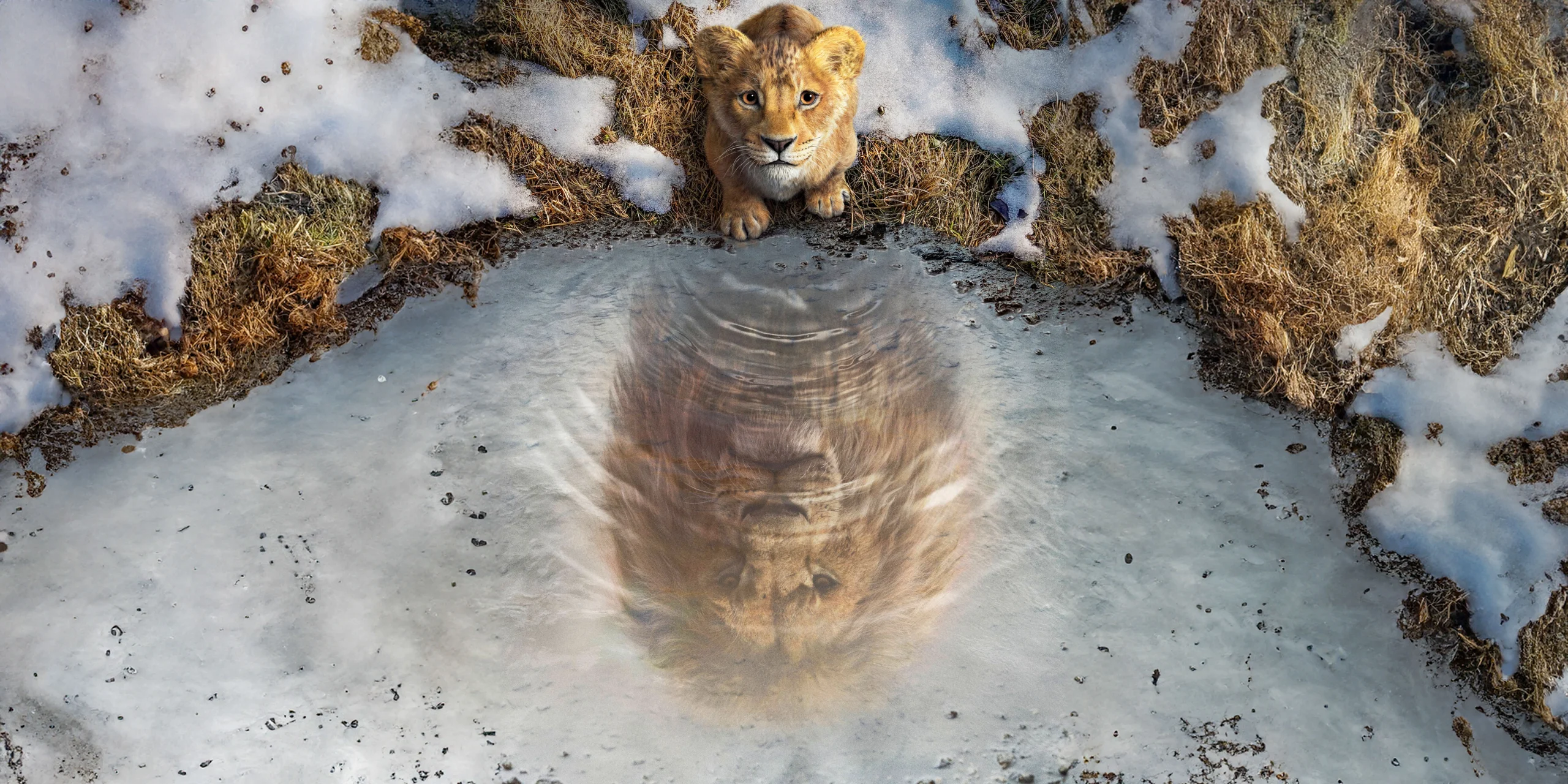 Le petit Mufasa regarde son reflet dans l'eau dans Mufasa : Le Roi Lion