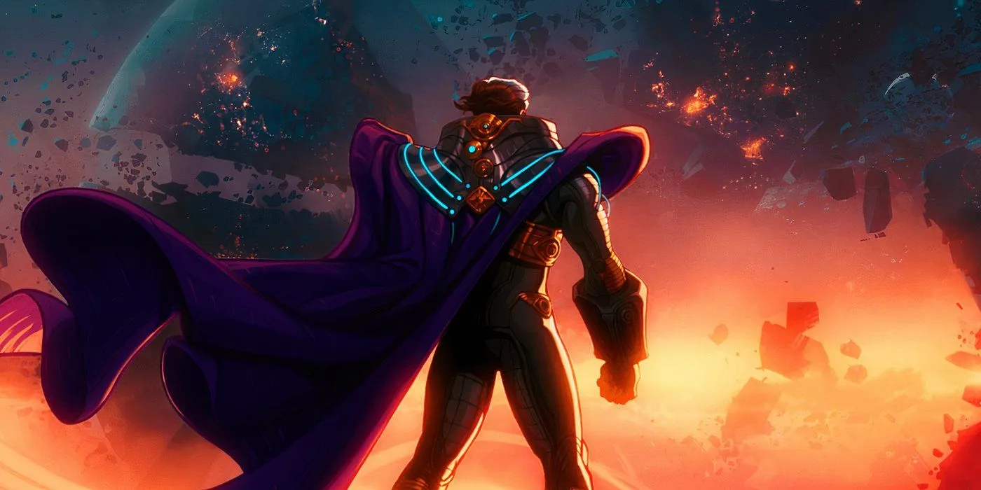 Mysterio observando uma Terra em ruínas em What If...?